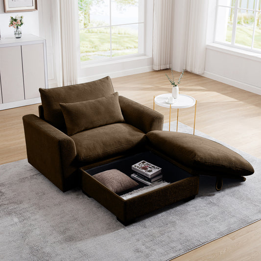 Brown corduroy armchair with open storage compartment containing books and cushion