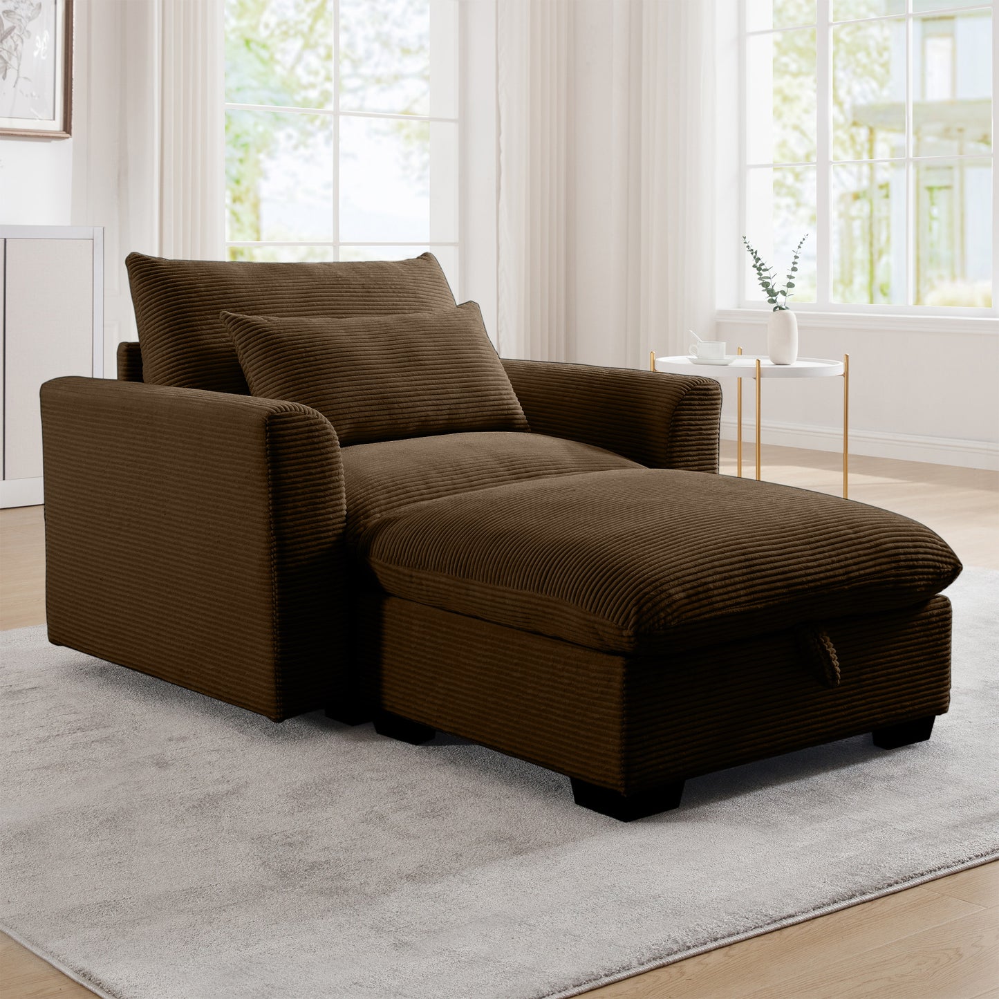 Brown corduroy chaise lounge with plush cushions and hidden storage compartment for relaxation