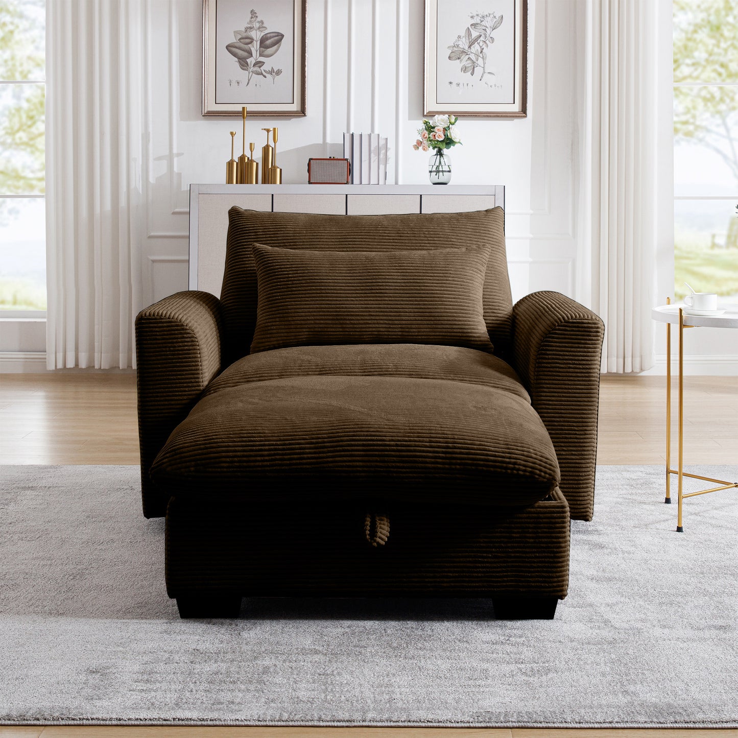 Brown corduroy convertible chair with pullout storage perfect for small spaces