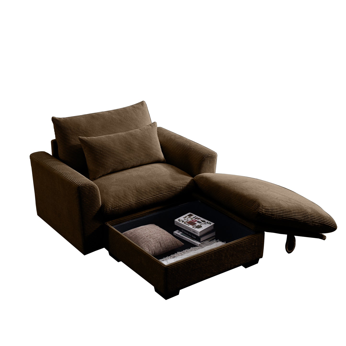Brown corduroy armchair with storage ottoman and decorative pillows
