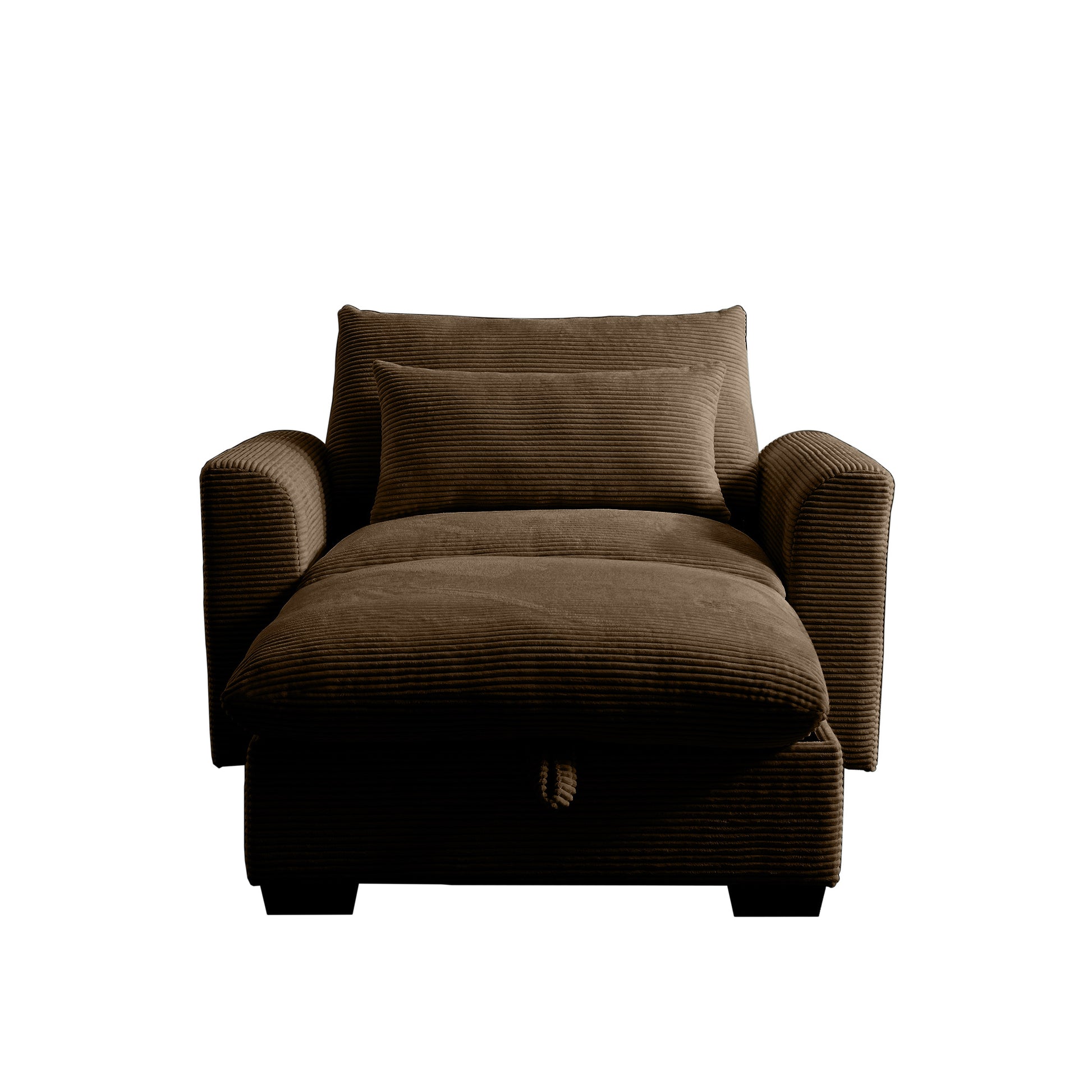 Brown corduroy chaise lounge chair with plush cushions and armrests
