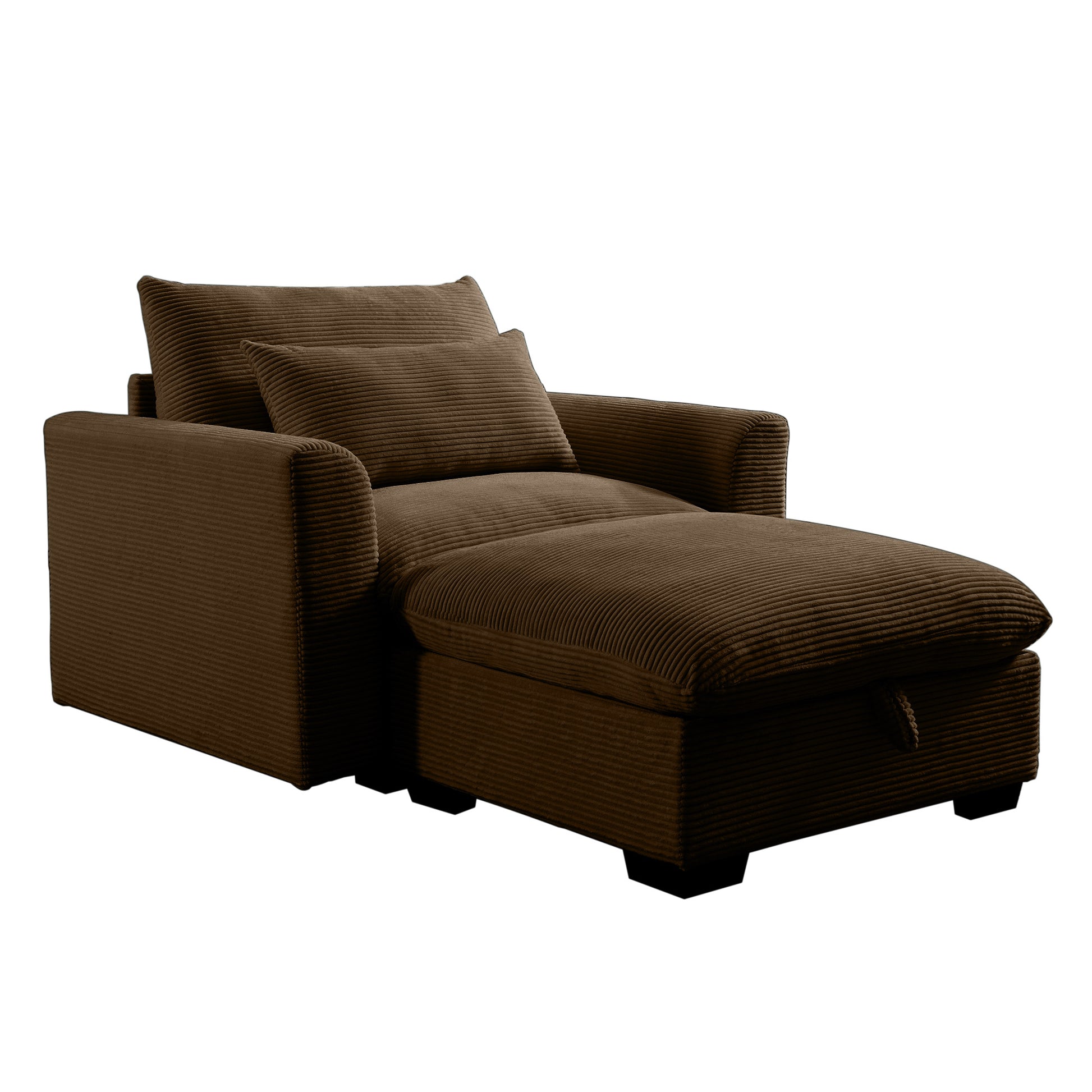 Brown corduroy chaise lounge chair with storage ottoman and accent pillow