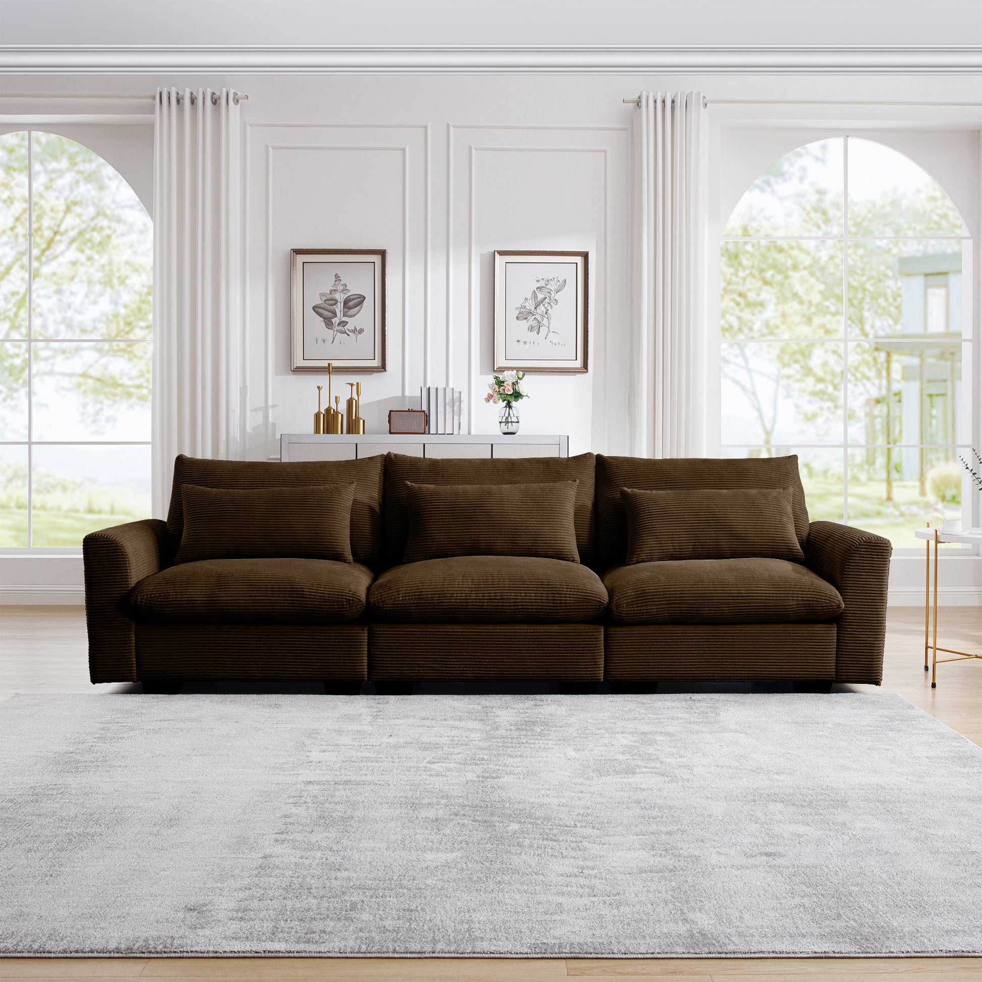 Brown corduroy sectional sofa with plush cushions and deep seating for comfort