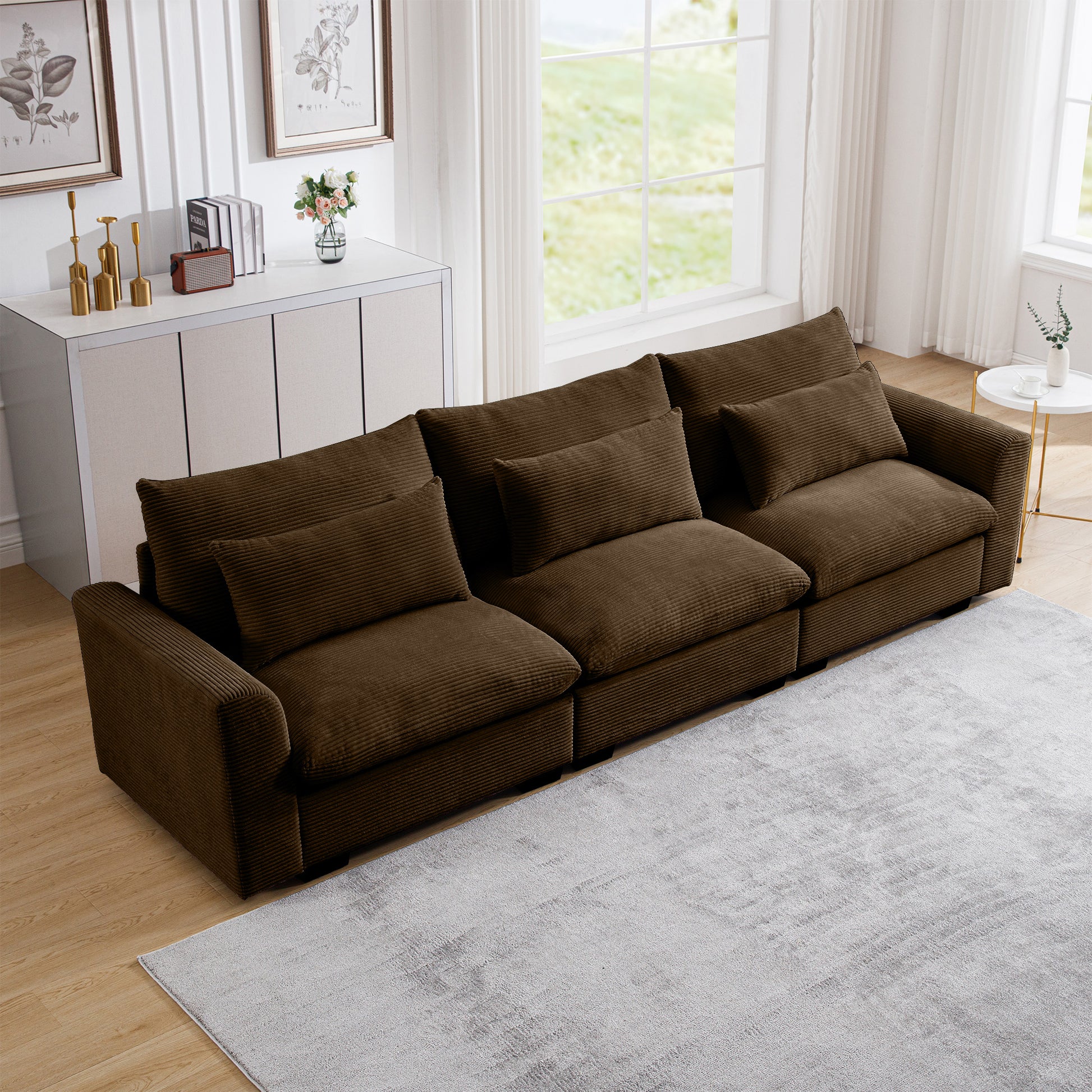 Spacious dark brown corduroy sectional sofa with plush cushions perfect for modern living rooms