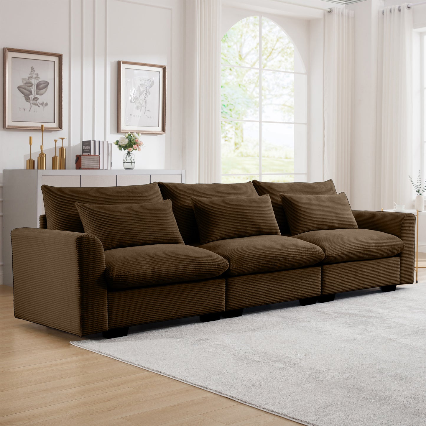 Luxurious corduroy sofa in rich brown with plush cushions and a modern design