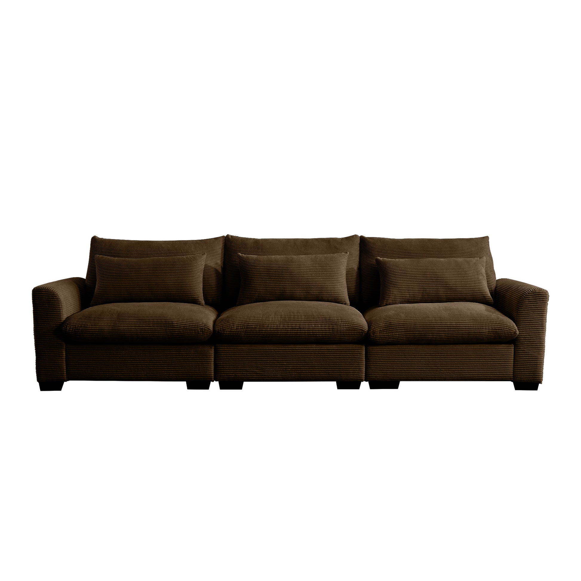 Plush brown corduroy threeseater sofa with matching throw pillows perfect for a cozy living room