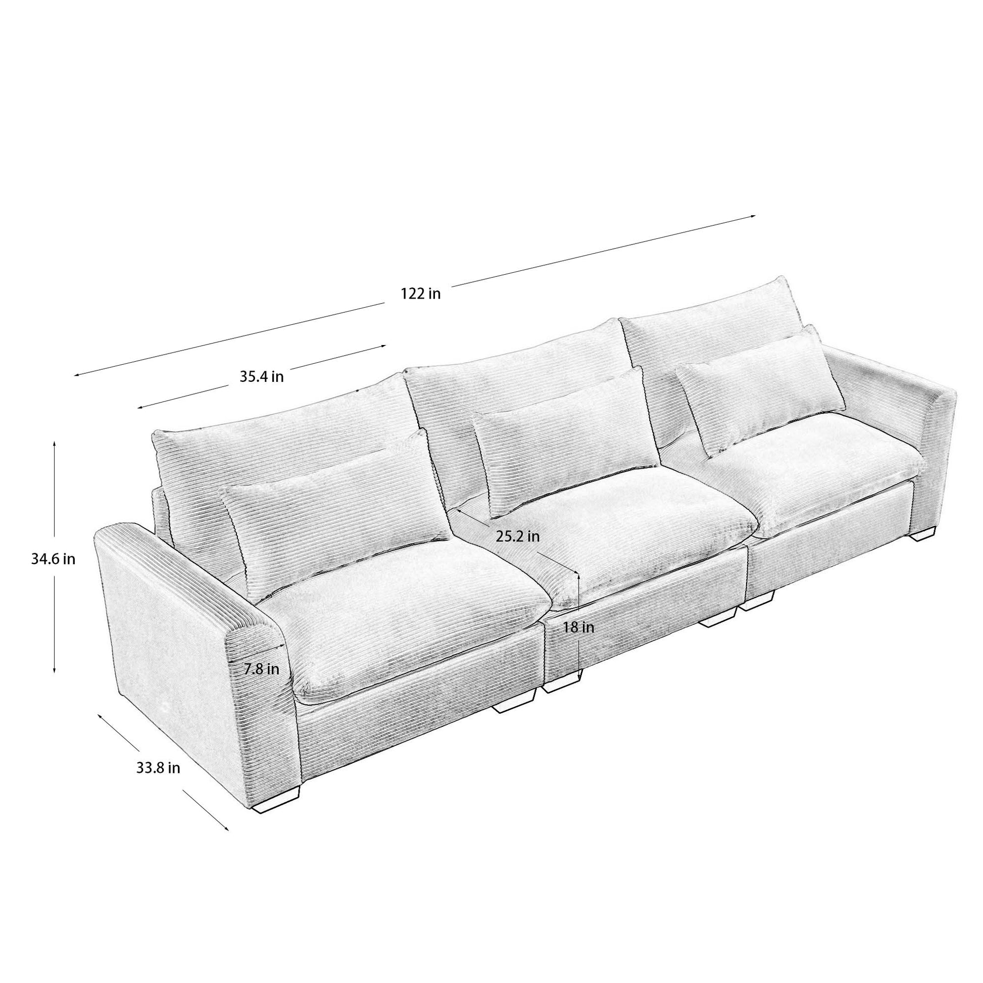 seater corduroy sectional sofa with plush cushions and armrests Dimensions  W x  D x  H