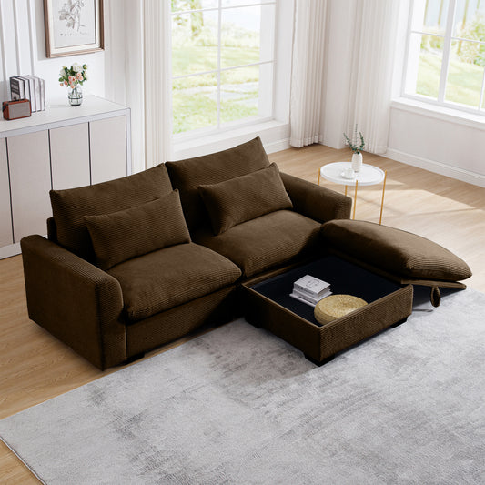 Brown corduroy sectional sofa with open storage chaise for living room comfort