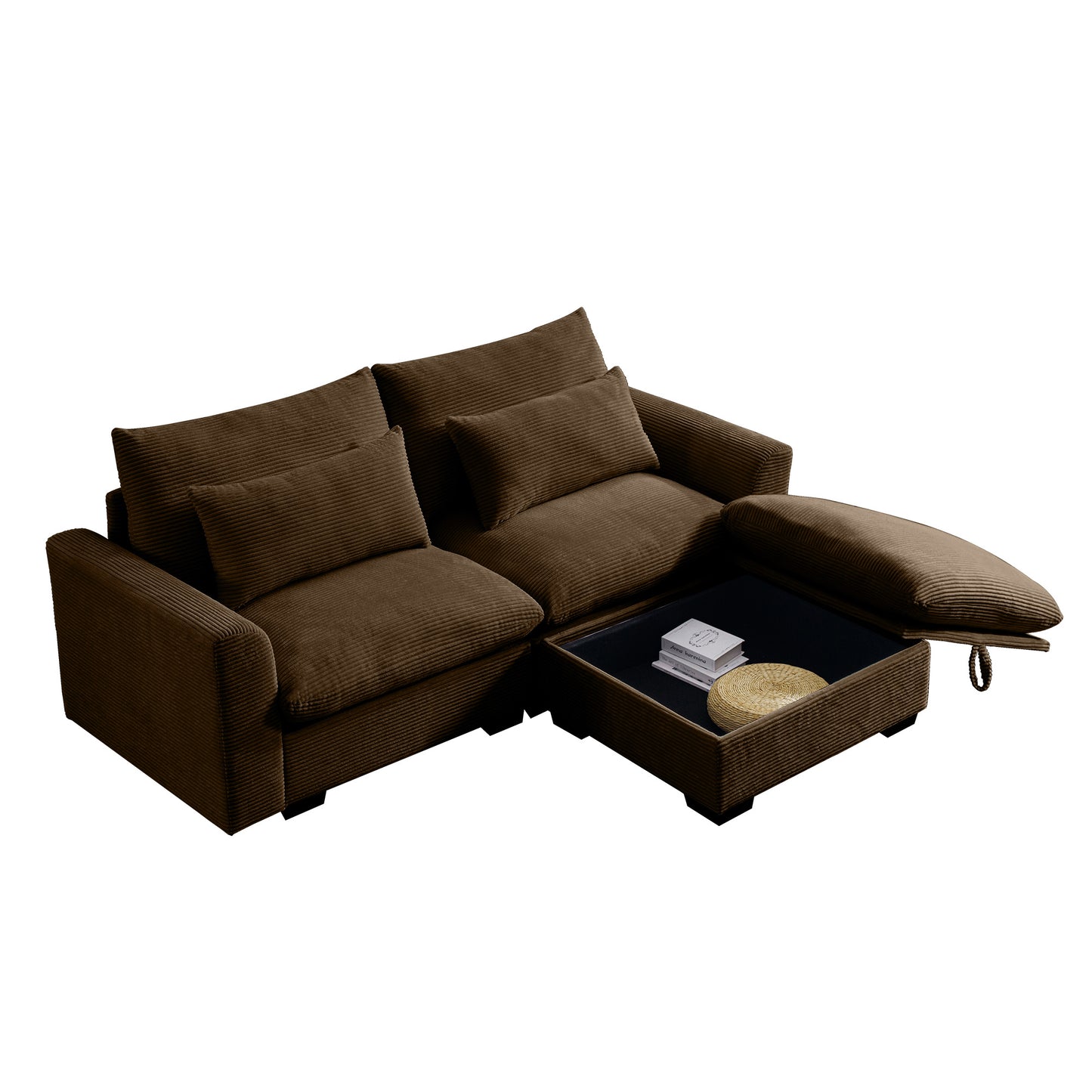 Brown corduroy sectional sofa with a pullout storage compartment containing books and a woven coaster