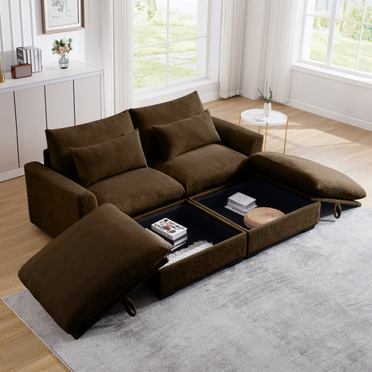 Brown corduroy sectional sofa with open storage compartments