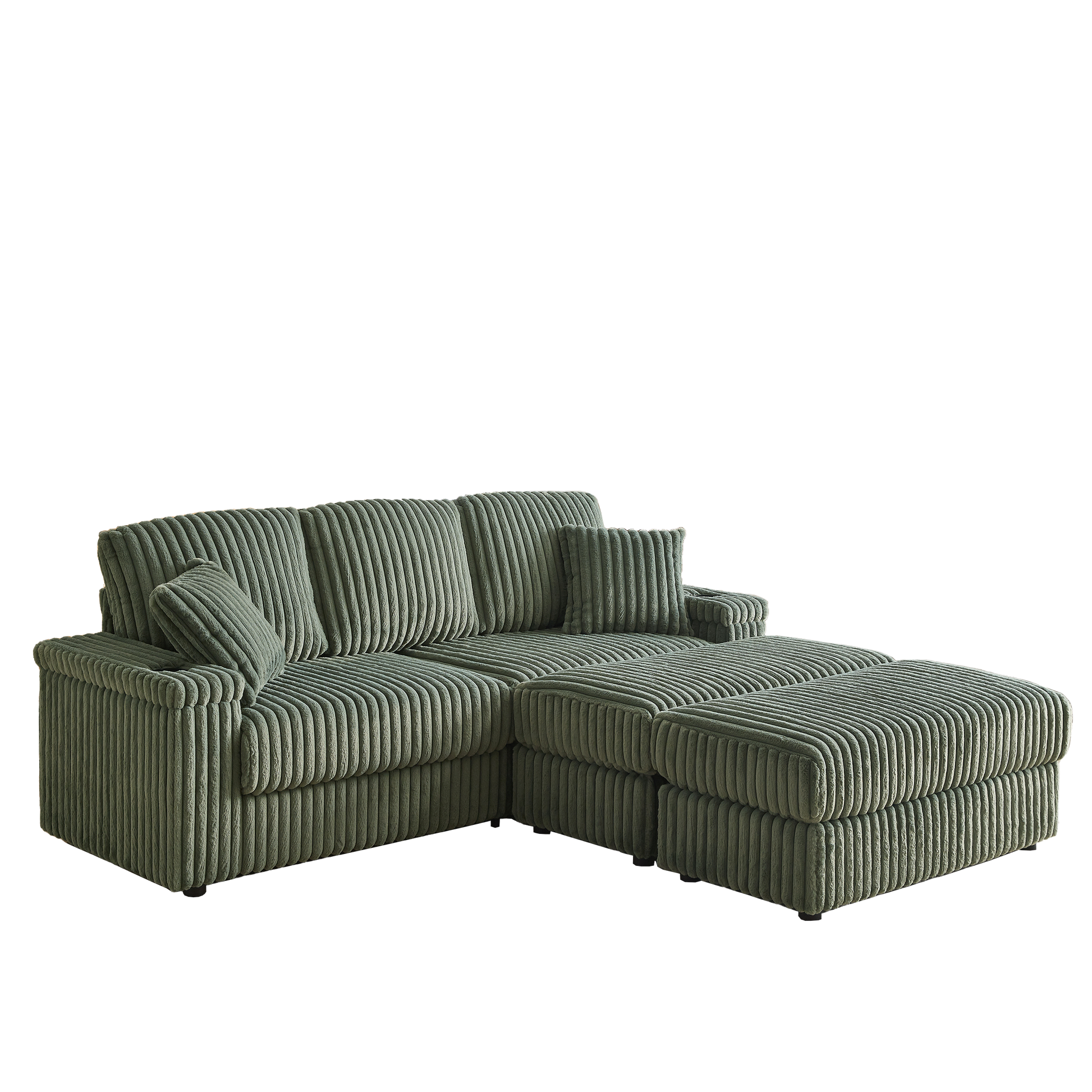 Sage green corduroy sectional sofa with plush cushions and ottoman for modern living room comfort
