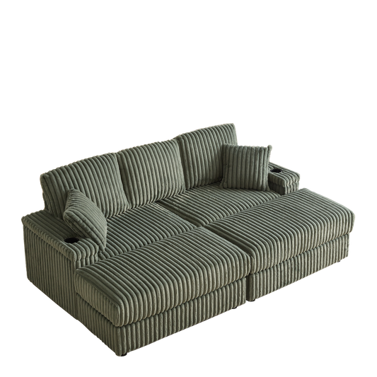 Sage green corduroy sectional sofa with plush cushions and builtin cup holders