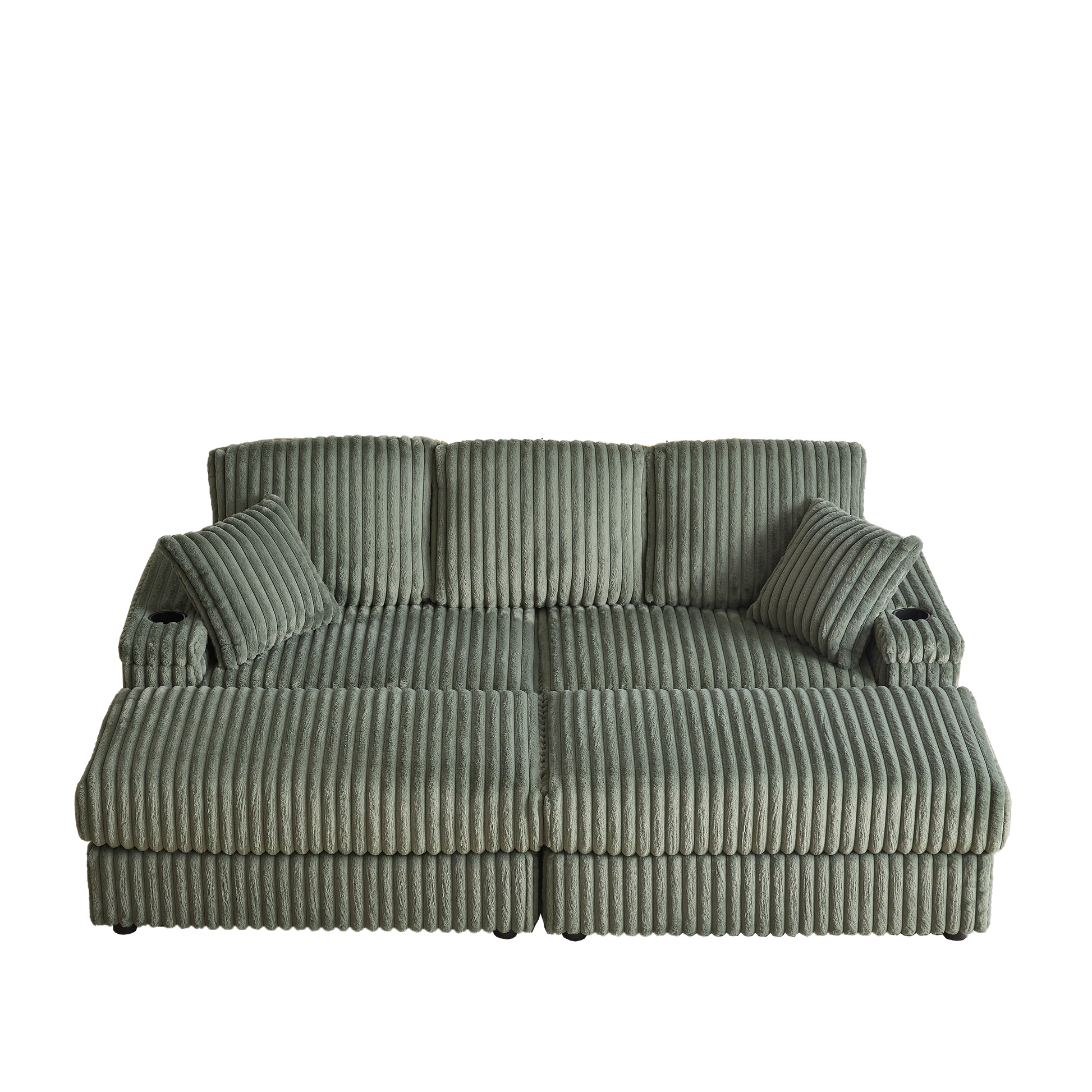 Sage green corduroy sofa with deep channel tufting and builtin cup holders