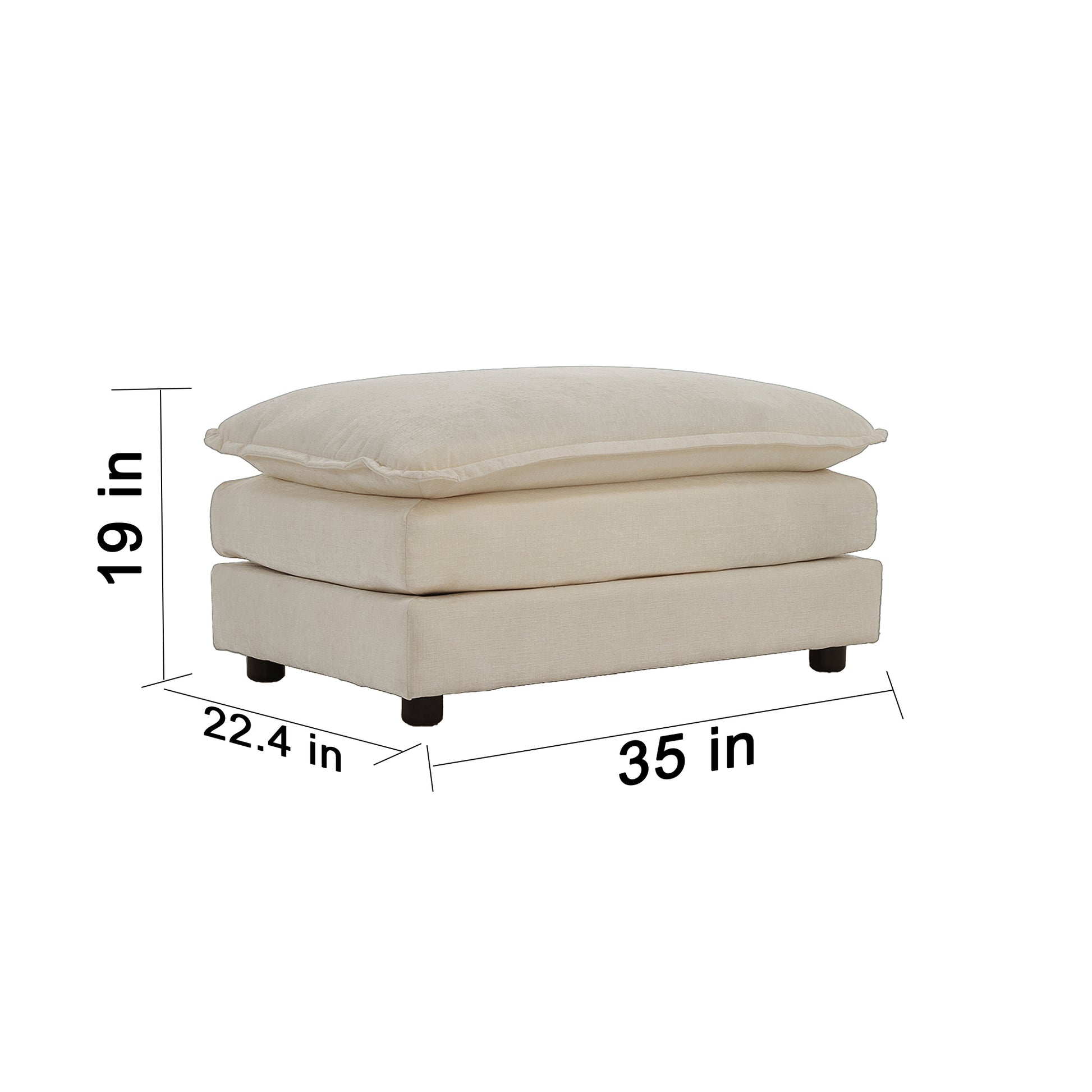 Cream upholstered ottoman with tufted top and wooden feet  inches wide