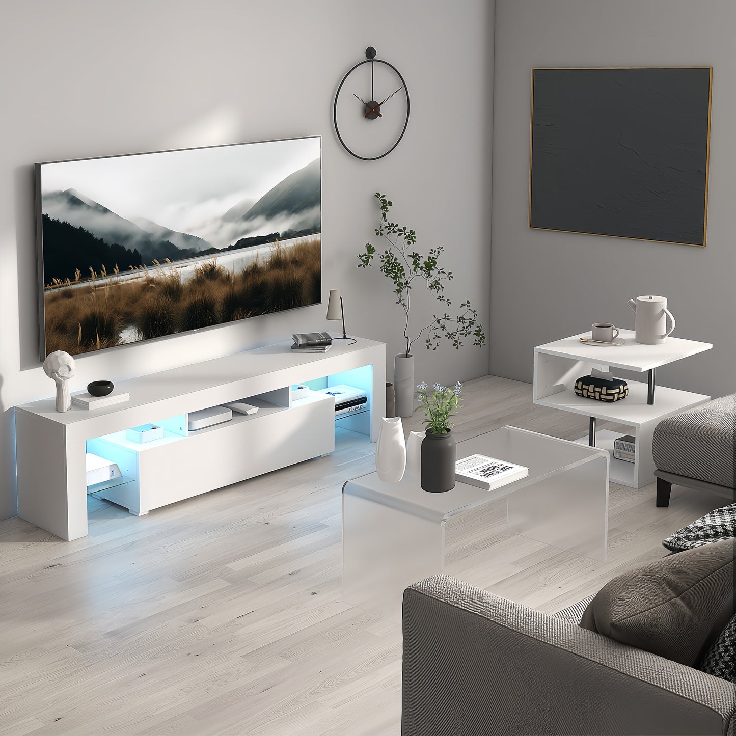 Modern white LED TV stand with media storage and ambient lighting
