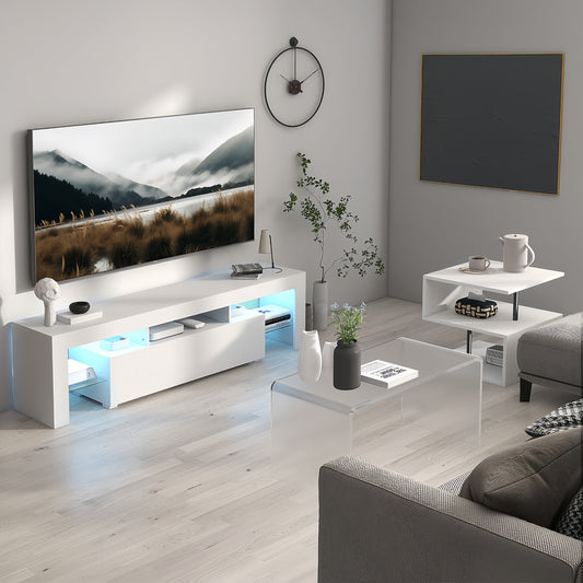 Modern white LED TV stand with media storage and ambient lighting