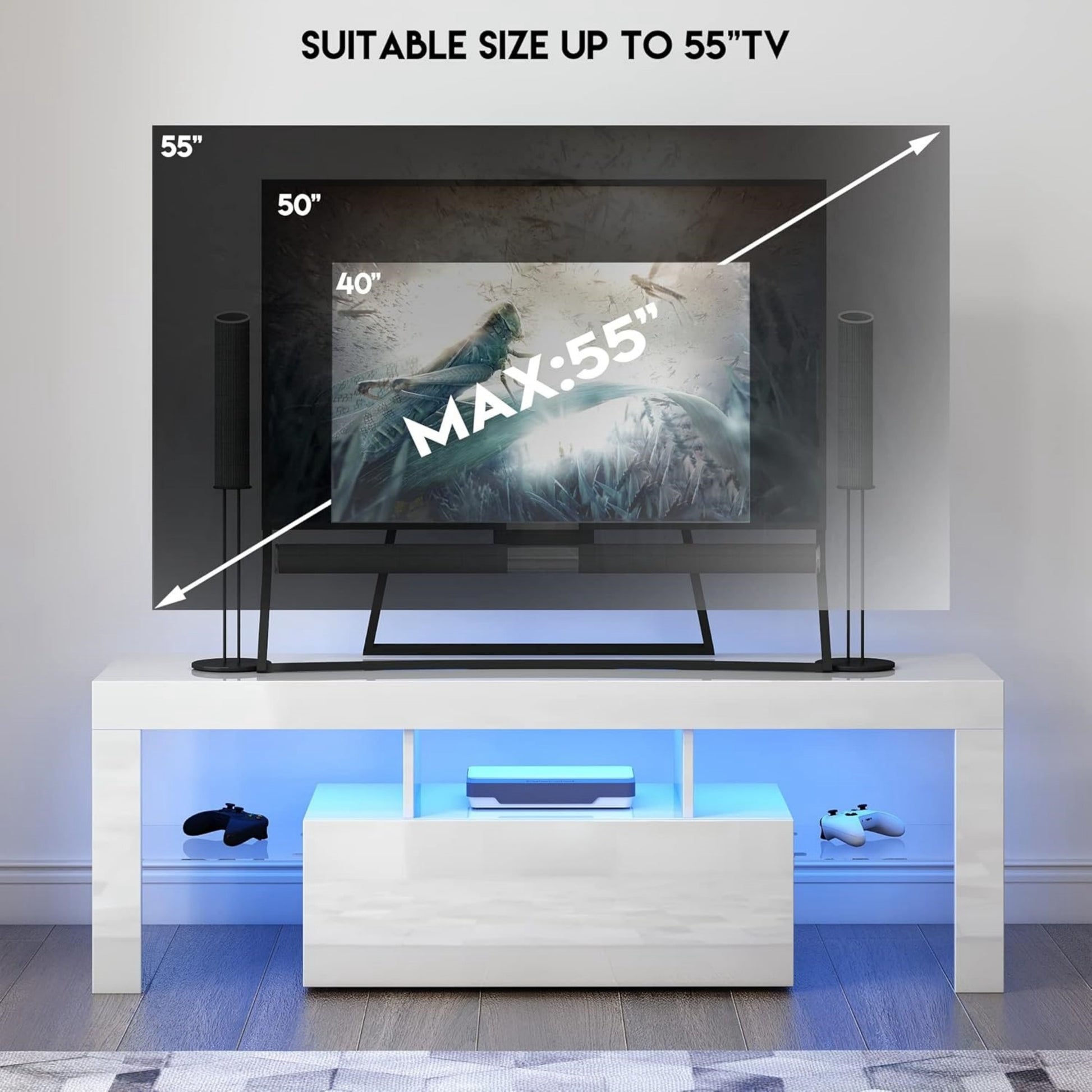 Modern white TV stand with blue LED lighting for up to  inch TVs