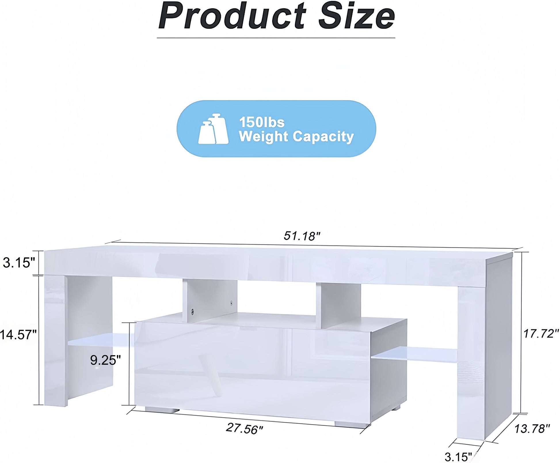 White high gloss media console with open shelves and drawers dimensions xx inches