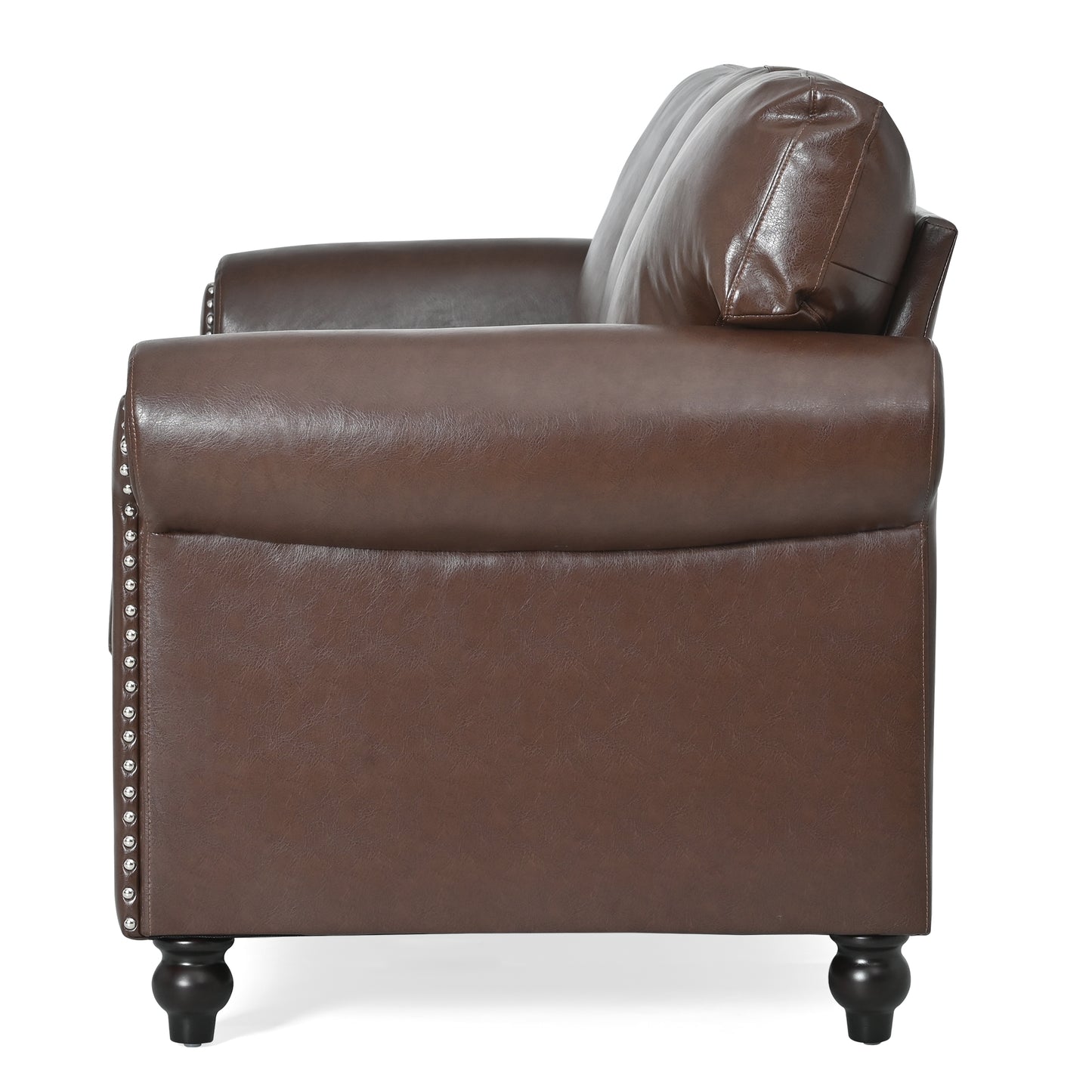 Brown faux leather armchair with studded trim and dark wood legs