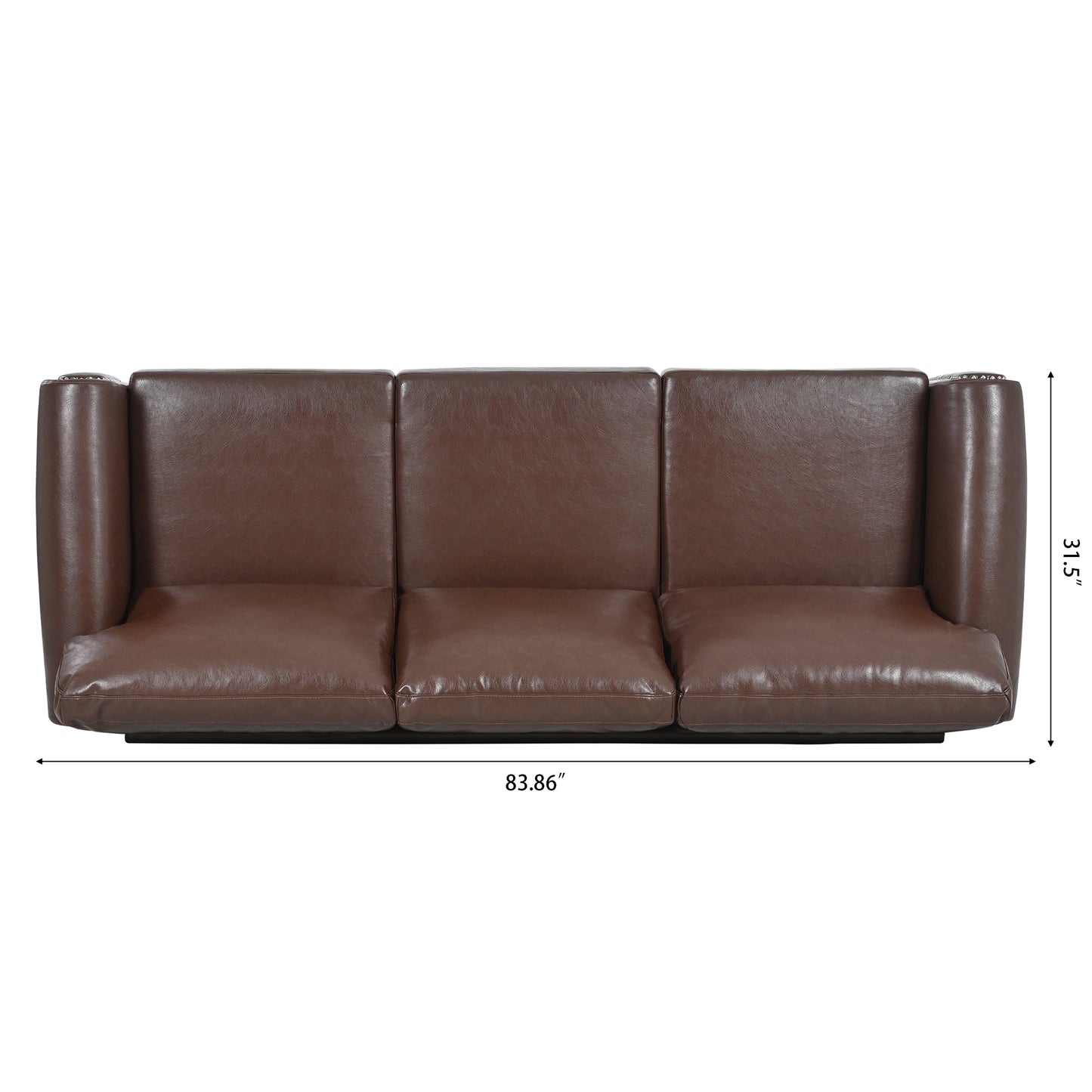 Brown leather sofa with three plush seat cushions and buttontufted arms