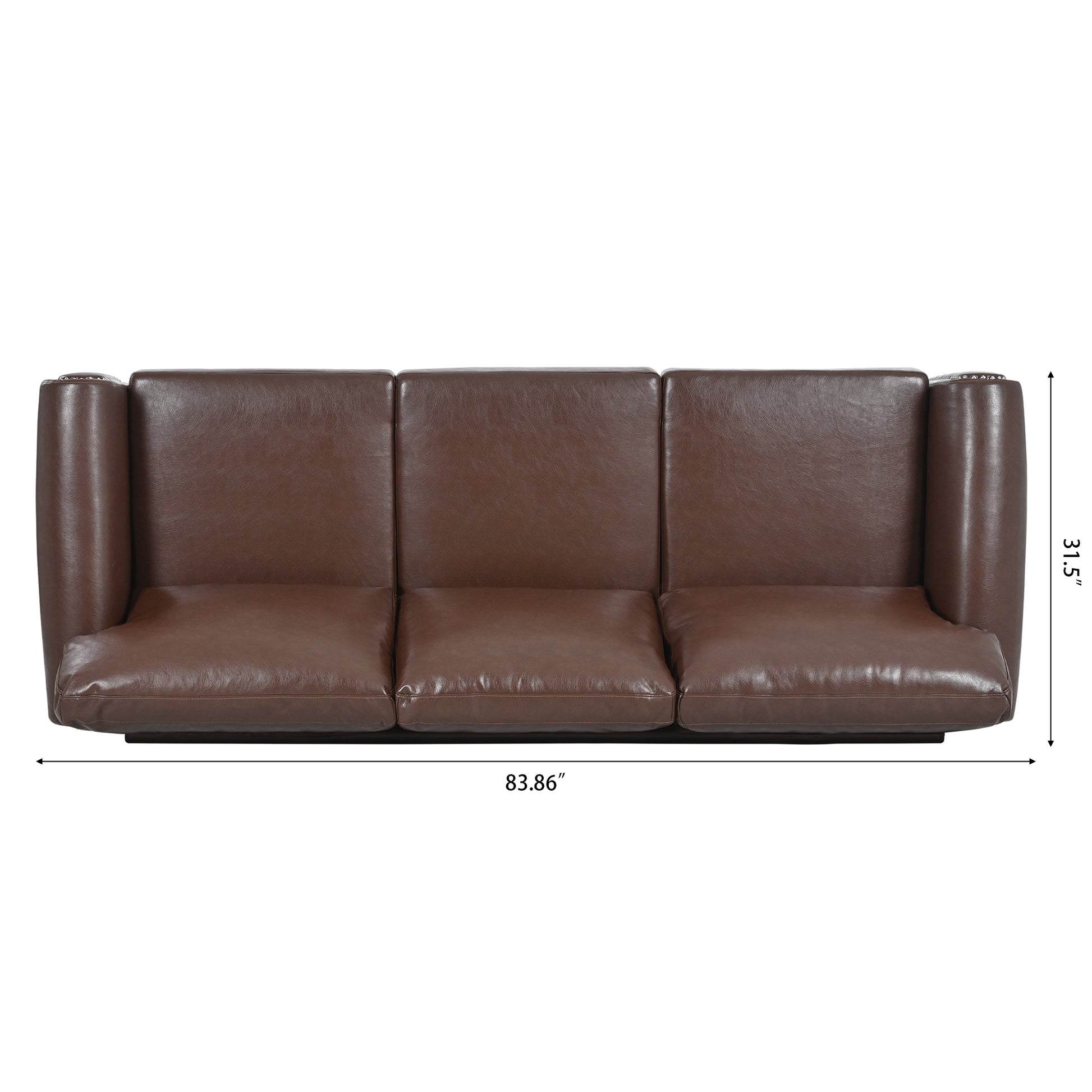 Brown leather sofa with three plush seat cushions and buttontufted arms