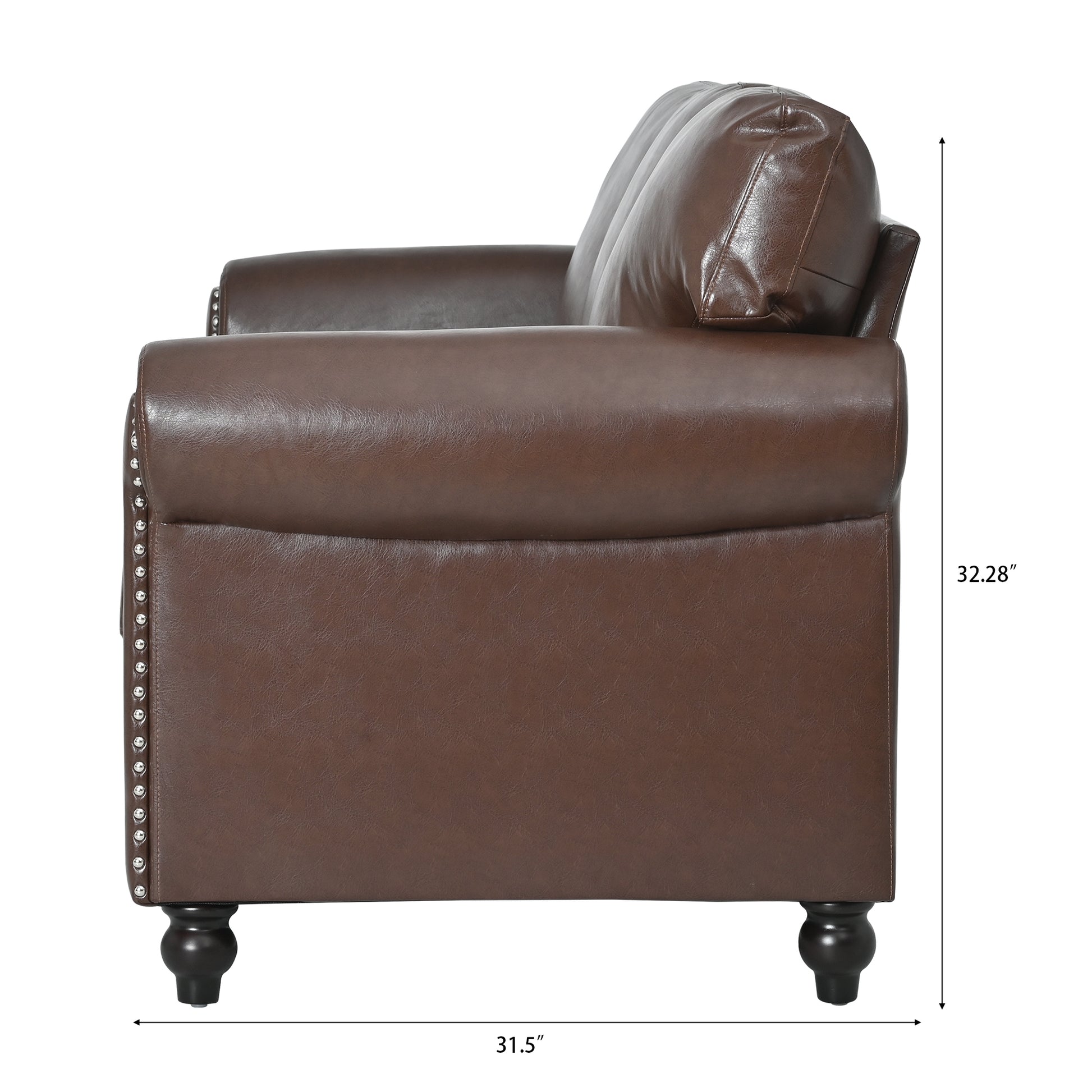 Brown faux leather armchair with rolled arms and nailhead trim