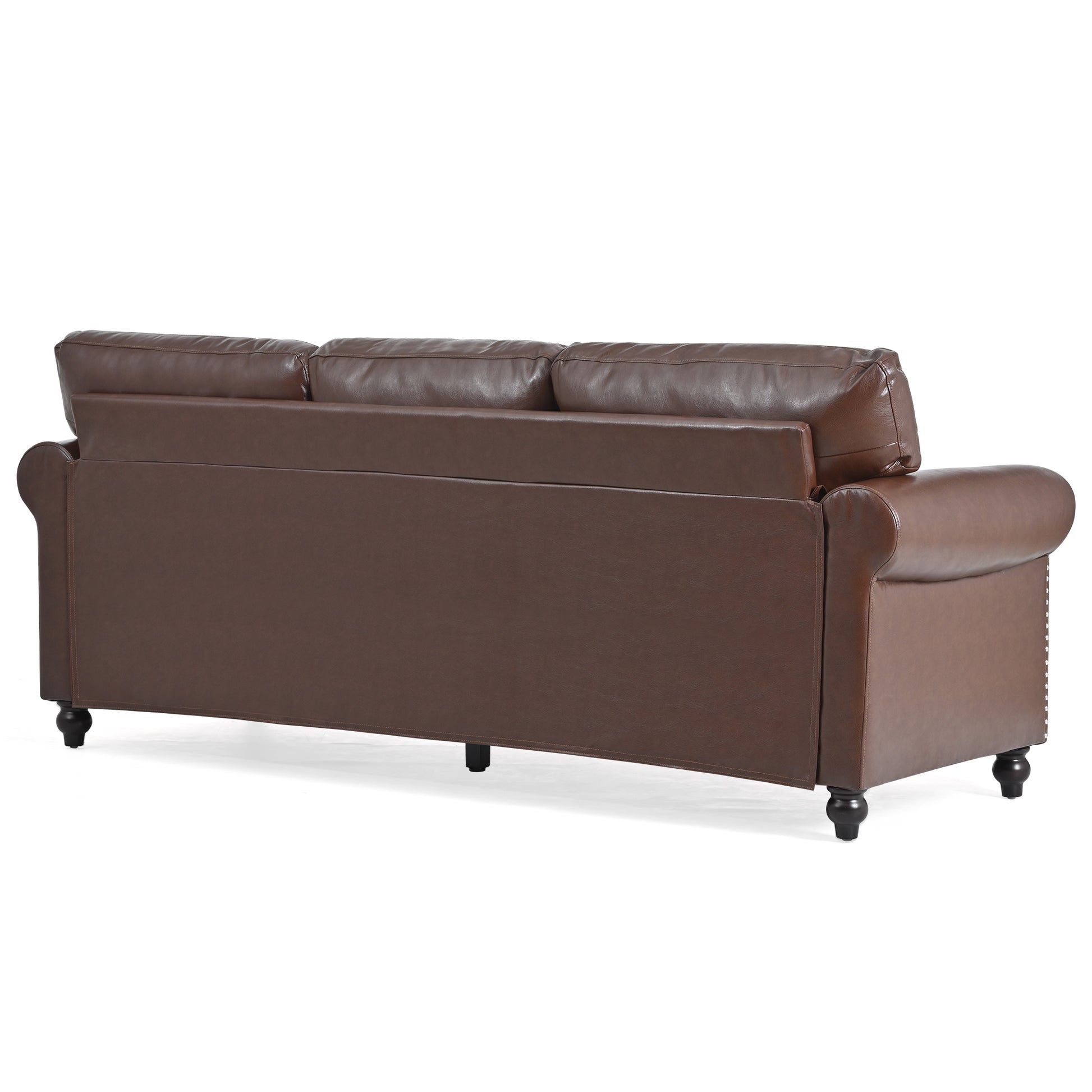 Brown leather sofa with three cushions and decorative nailhead trim on the arms