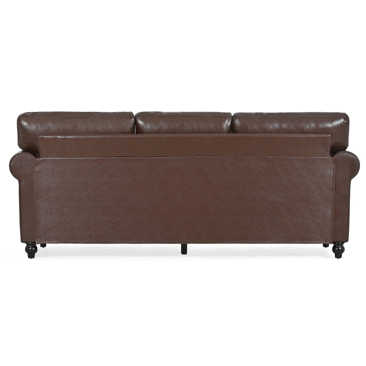 Classic brown leather sofa with tufted back cushions and dark wooden legs