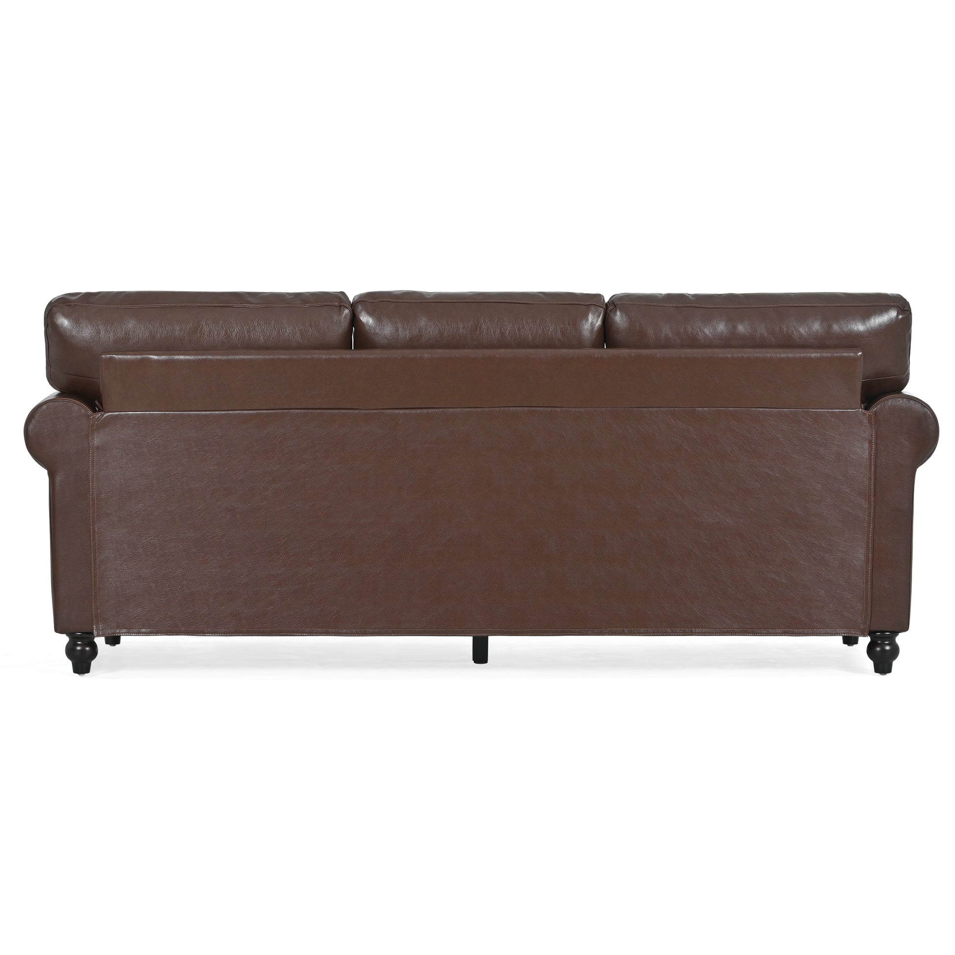 Classic brown leather sofa with tufted back cushions and dark wooden legs