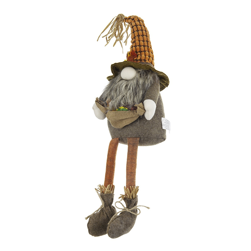 Plush gnome with orange textured hat gray beard and burlap sack of goodies