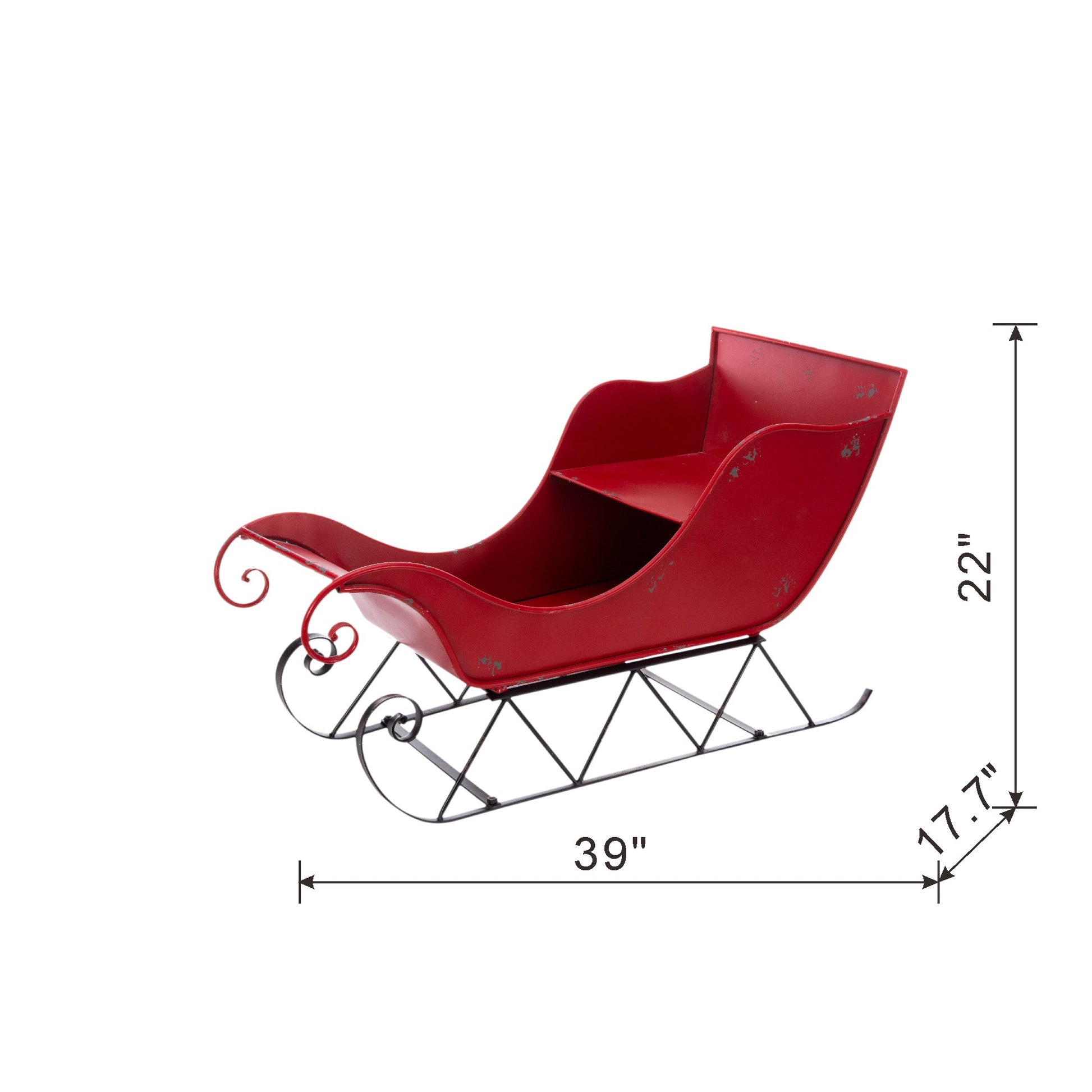 Rustic red metal sleigh with scrolled iron runners perfect for holiday decor