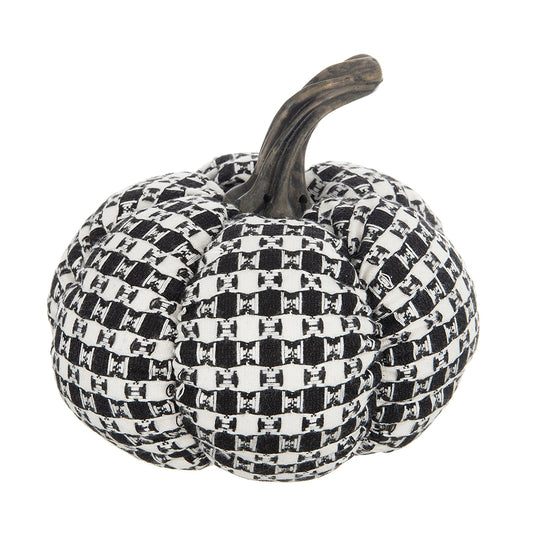 Textured fabric pumpkin with black and white checkerboard pattern realistic stem