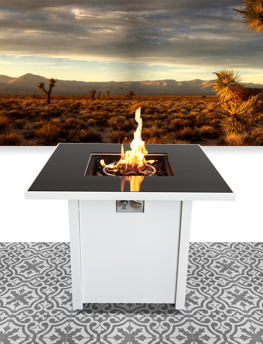 White square propane fire pit table with black top and active flame