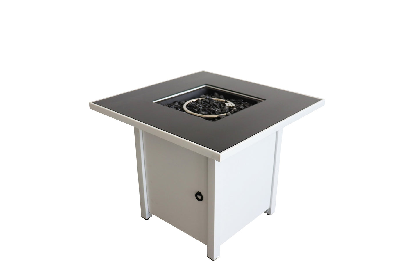White square outdoor gas fire pit with black tempered glass top and black lava rocks