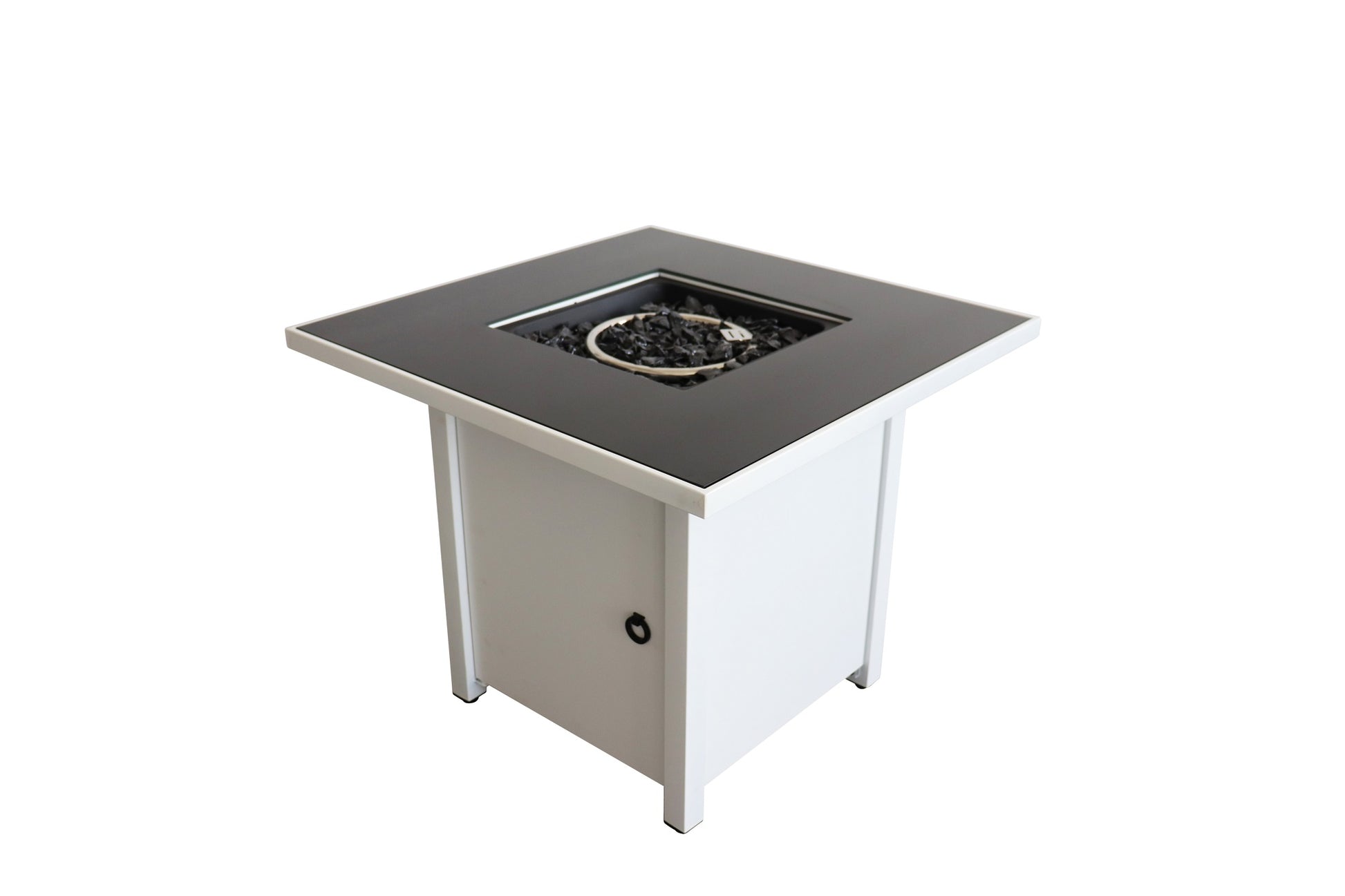 White square outdoor gas fire pit with black tempered glass top and black lava rocks