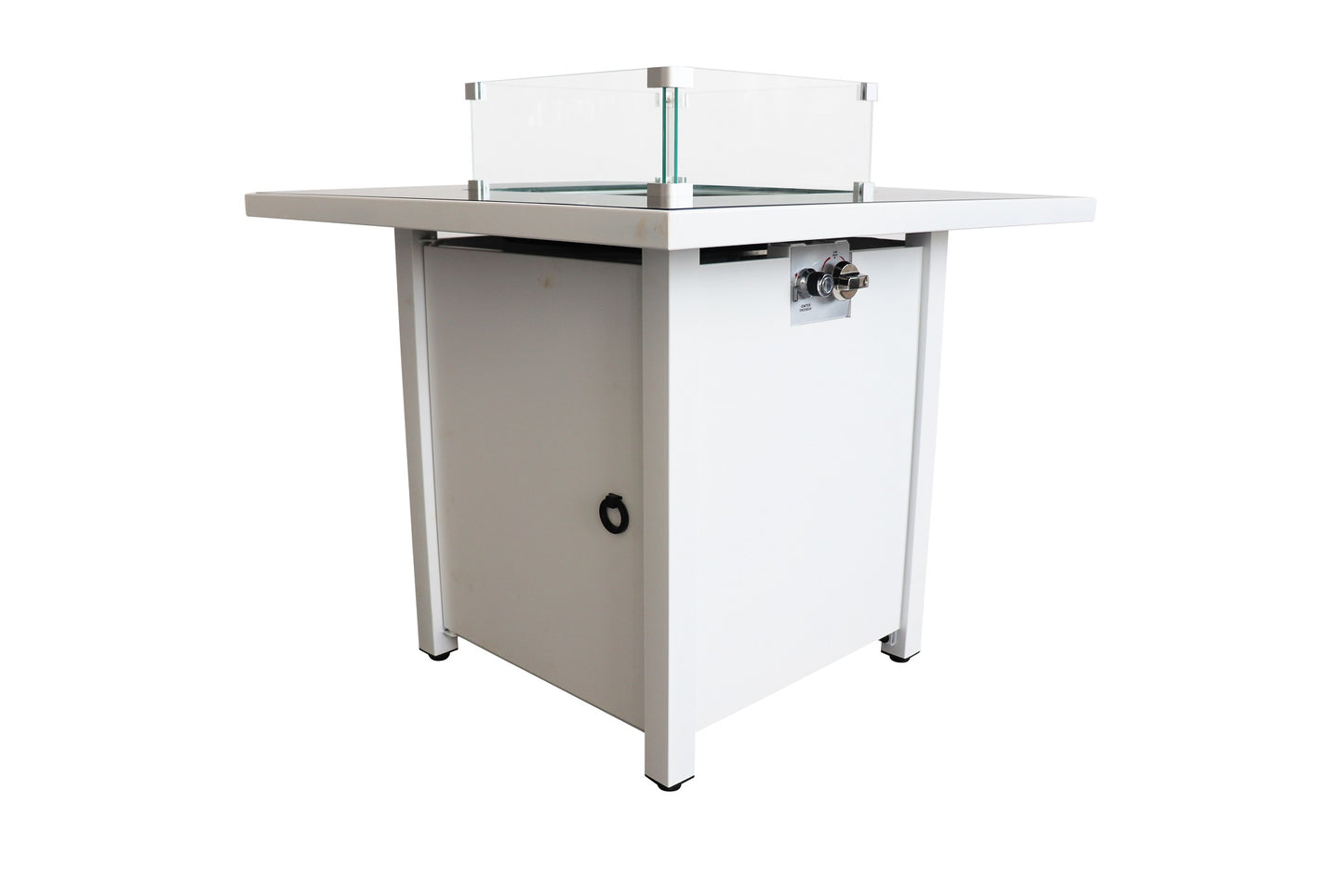 White propane fire pit table with glass wind guard and control panel