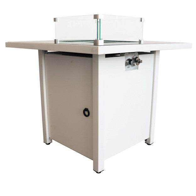 White propane fire pit table with glass wind guard and storage cabinet
