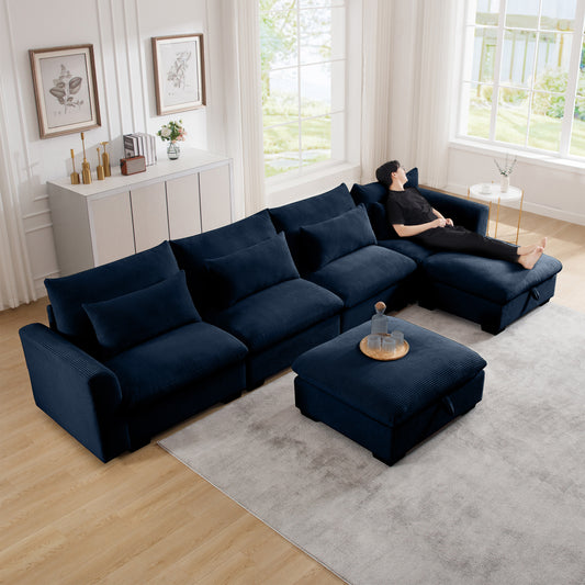Deep navy corduroy sectional sofa with plush cushions and ottoman perfect for modern living rooms