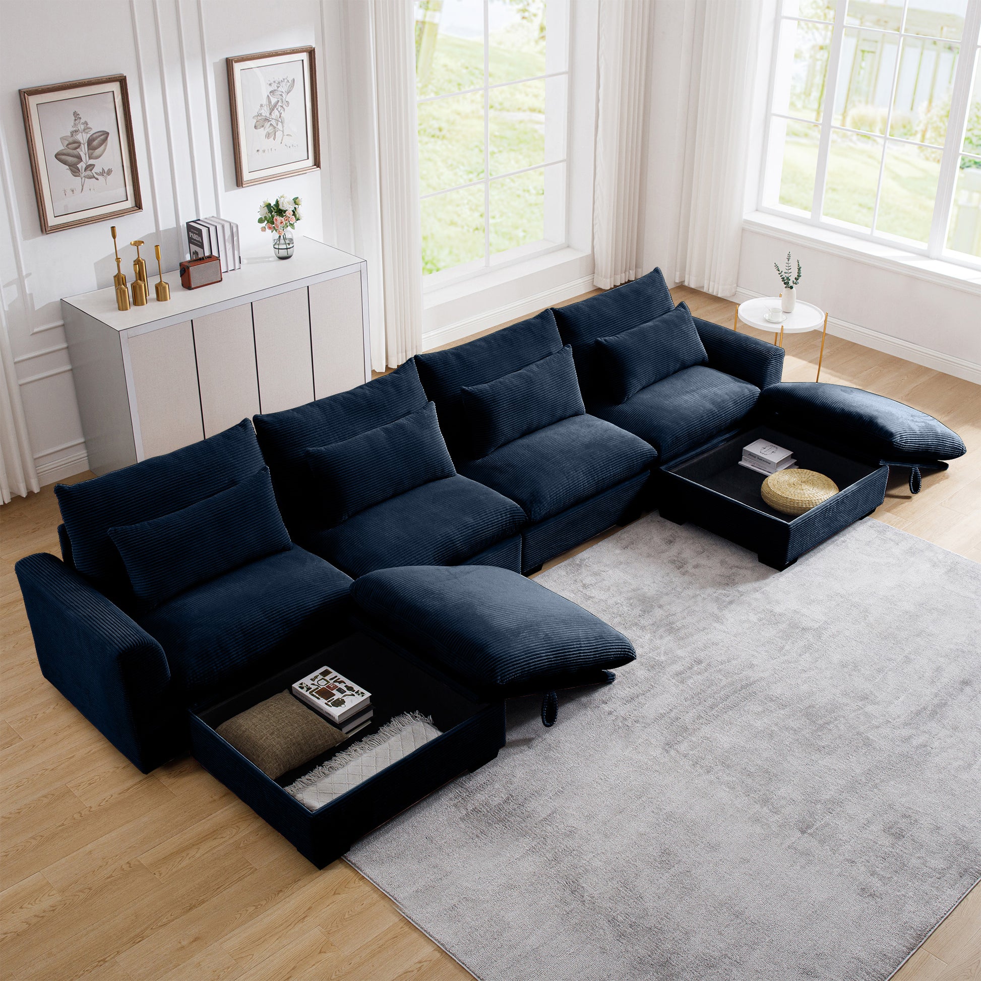 Deep navy blue sectional sofa with integrated storage ottomans and plush corduroy upholstery