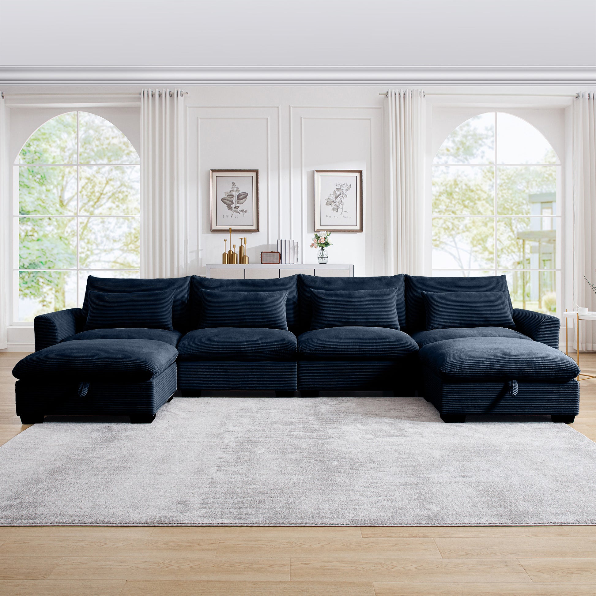 Navy blue corduroy sectional sofa with chaise and storage