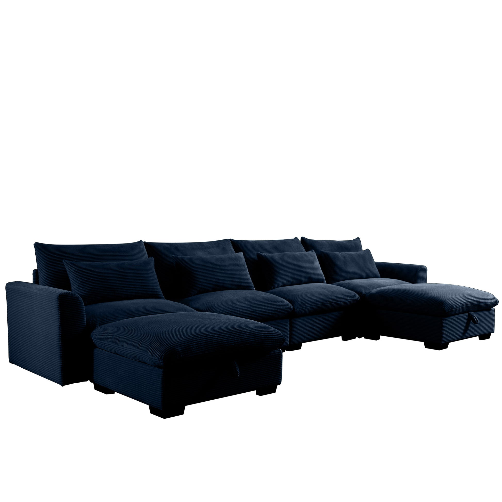 Dark navy corduroy sectional sofa with chaise and storage ottomans