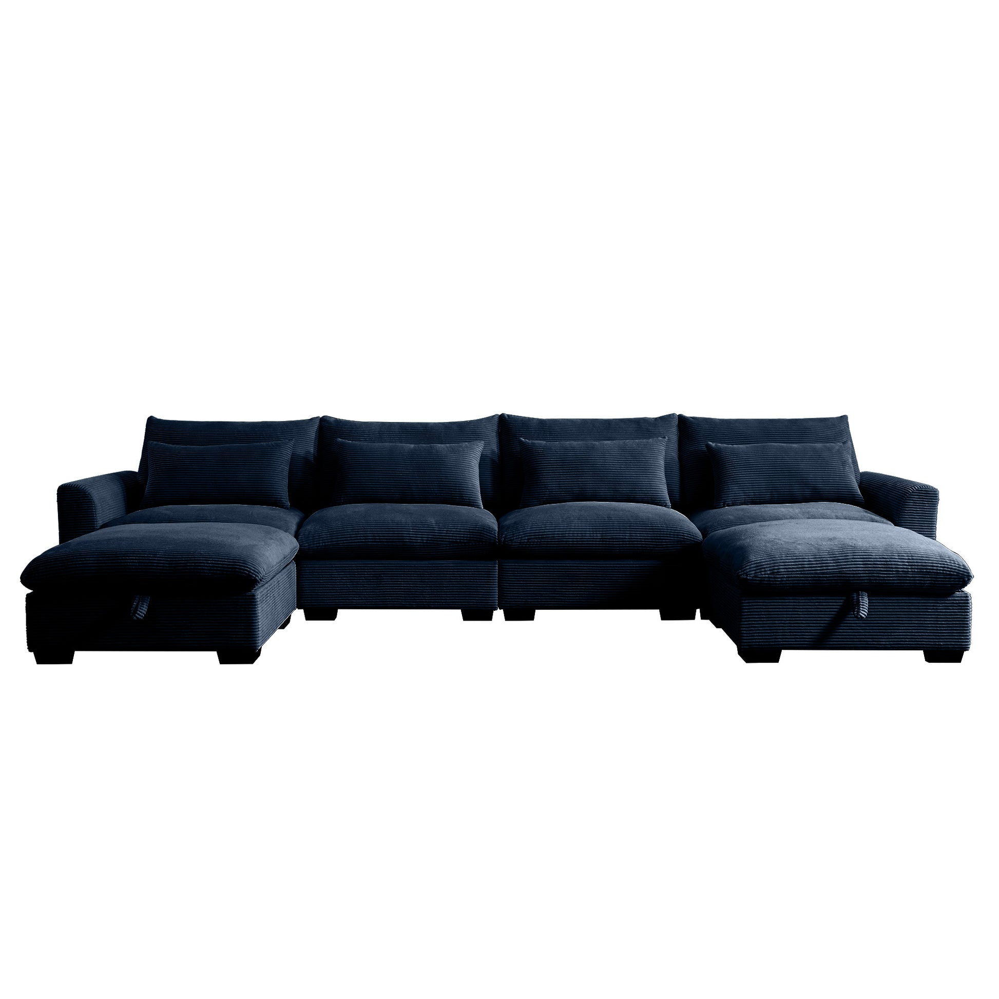 Dark blue corduroy sectional sofa with chaise lounges on each end