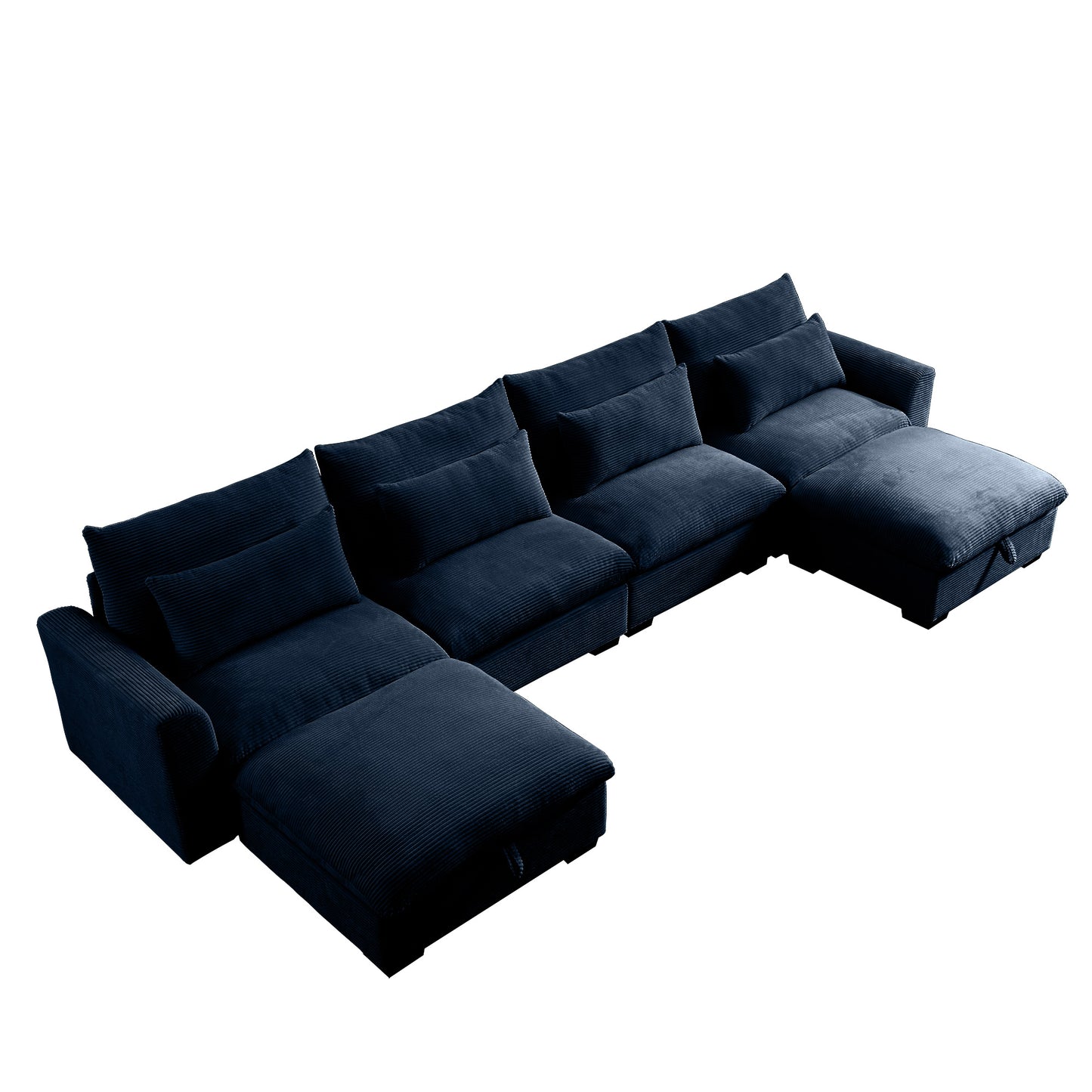 Navy blue corduroy sectional sofa with plush cushions and storage ottomans
