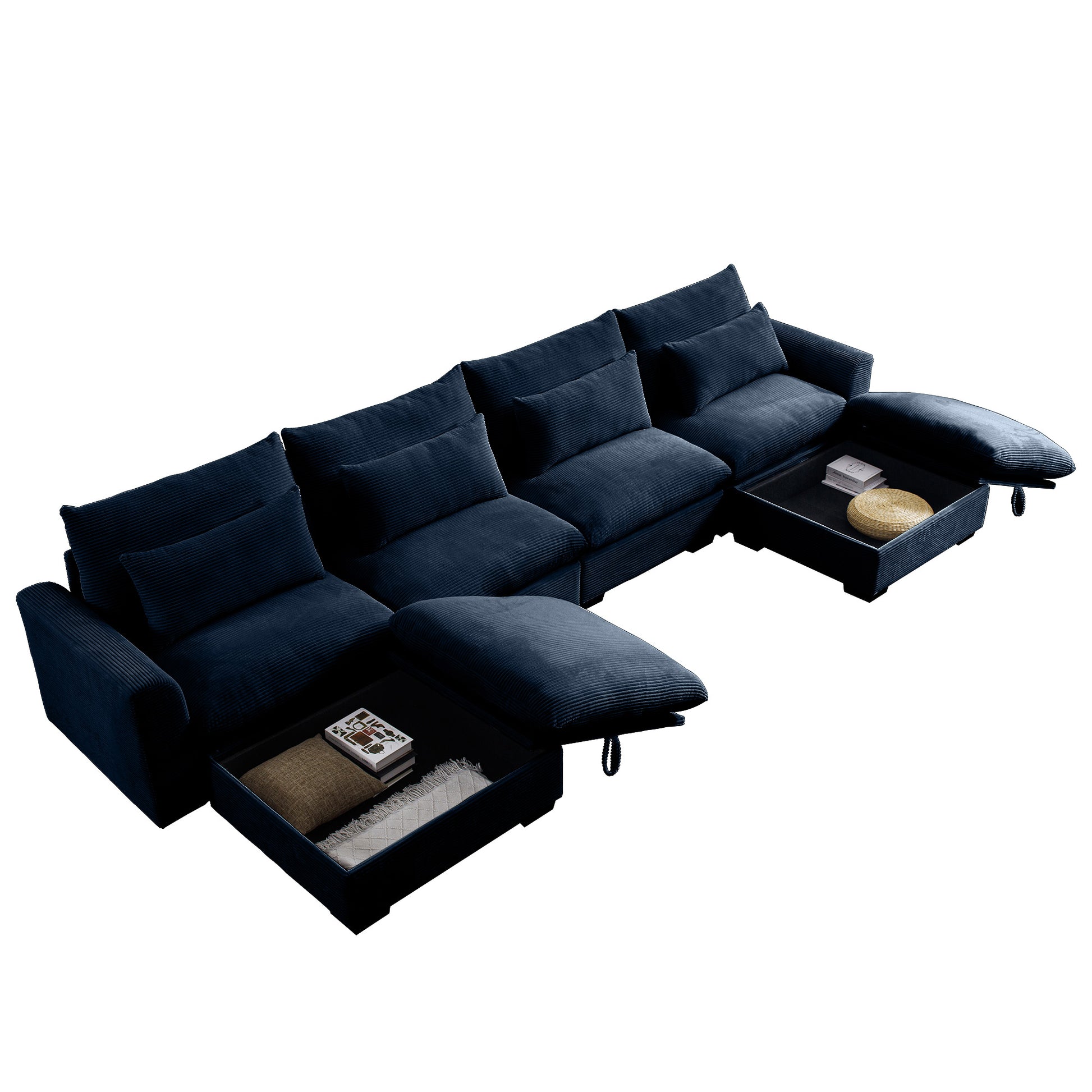Navy blue sectional sofa with corduroy upholstery and hidden storage compartments