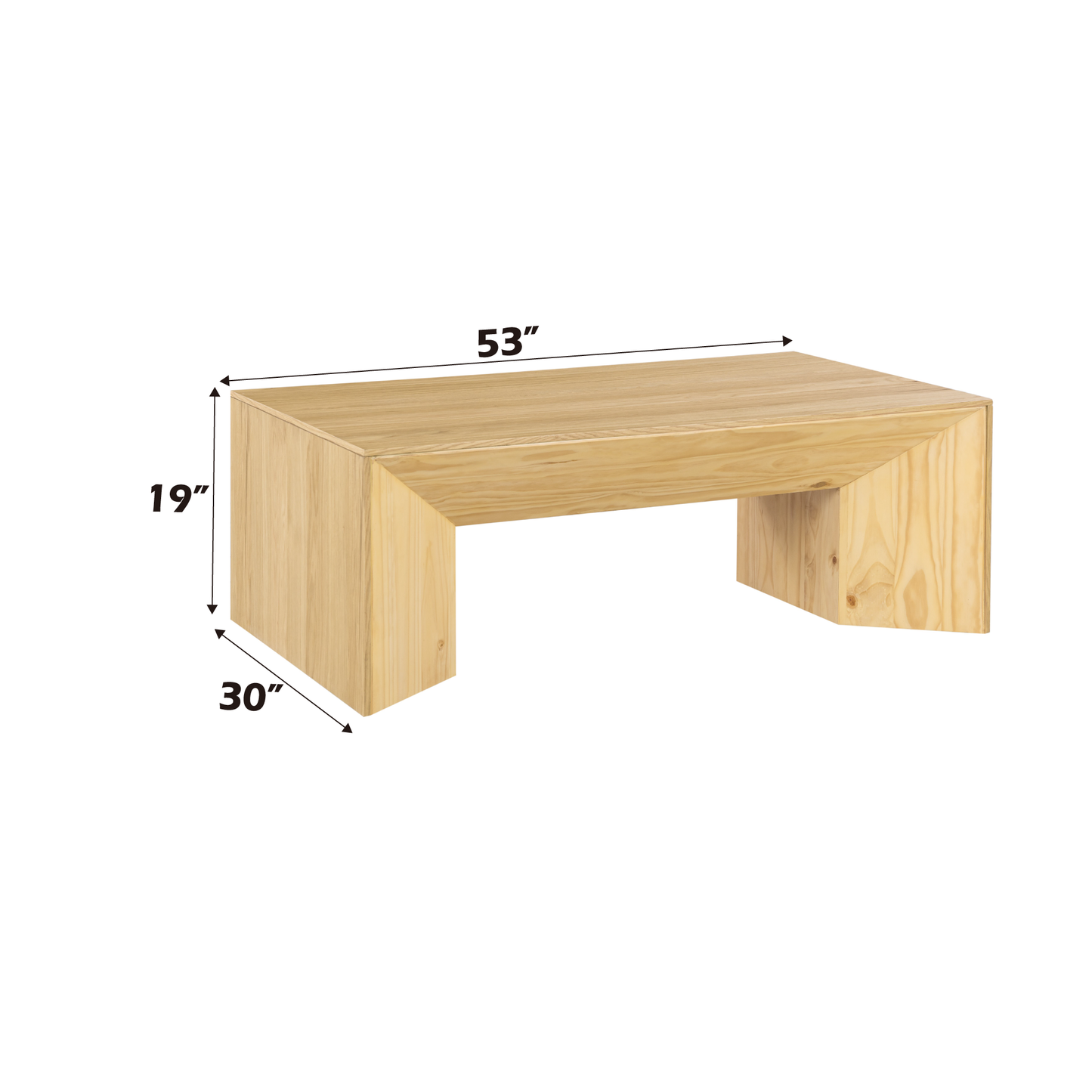 Natural wood coffee table with modern block design  inches long  inches high