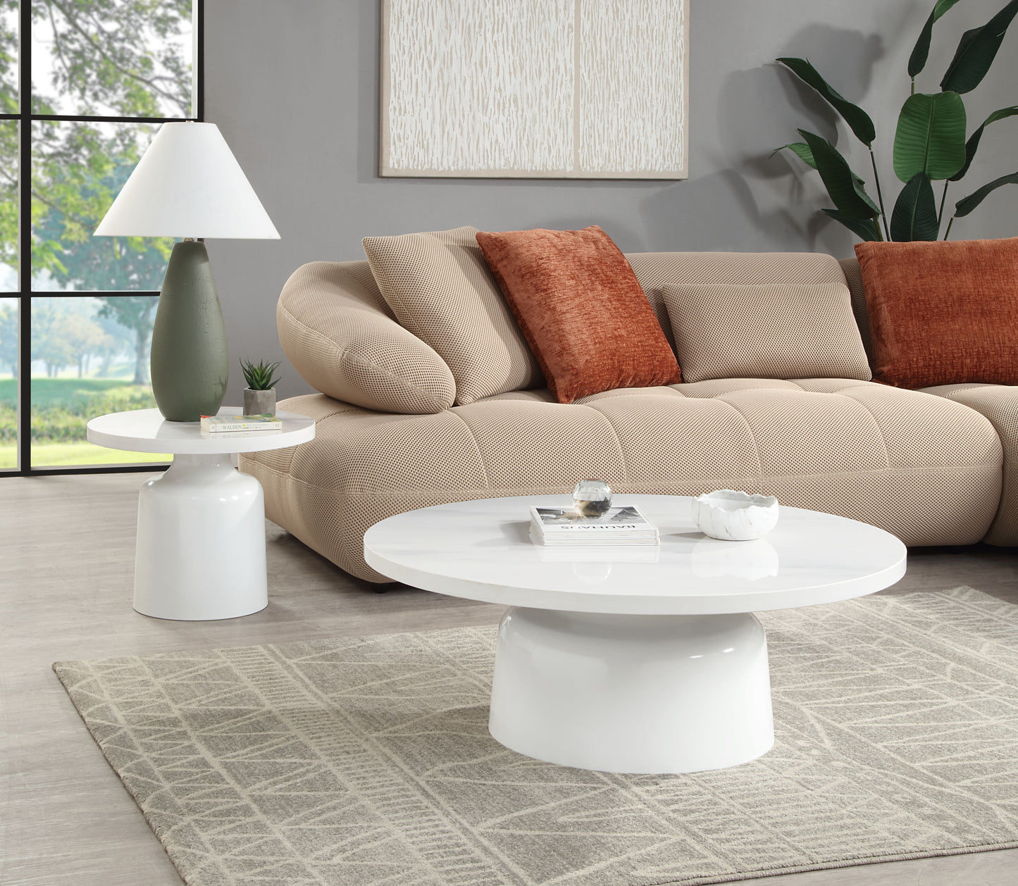Modern white gloss coffee table with rounded pedestal base ideal for living room