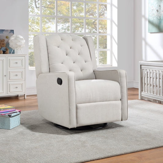Tufted cream fabric nursery recliner with a side lever for reclining