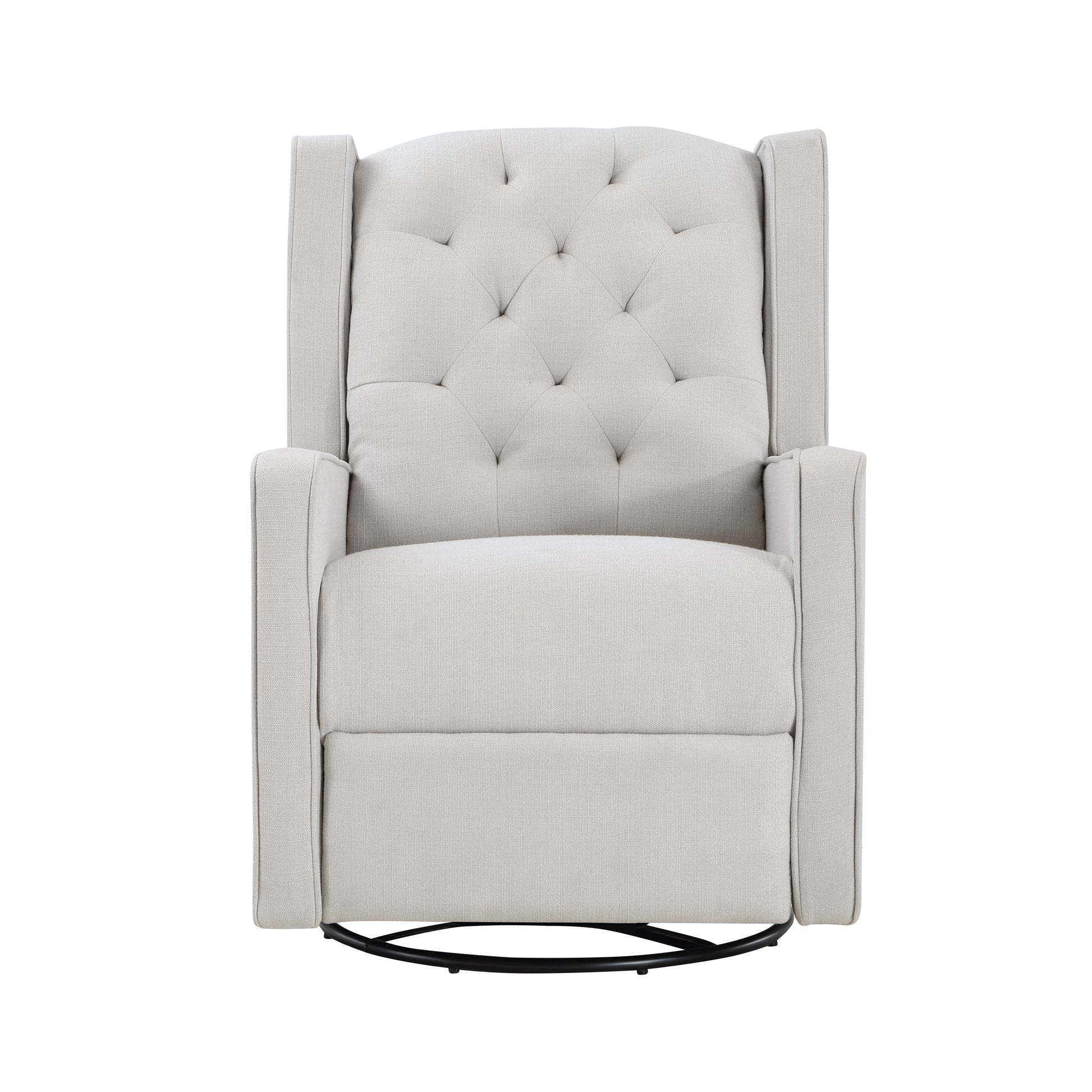 Tufted back upholstered recliner chair in light grey fabric perfect for nurseries