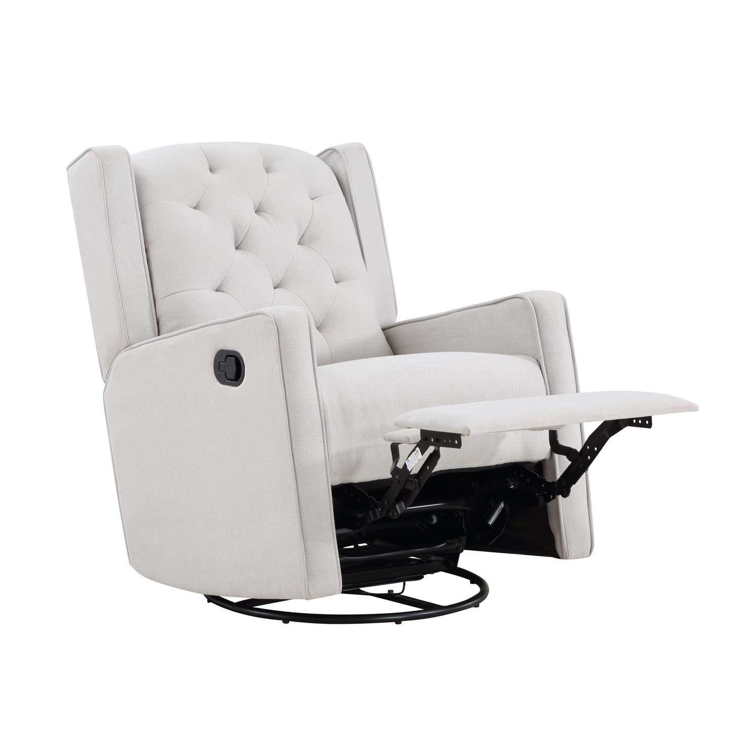 Offwhite upholstered recliner chair with tufted back and extended footrest perfect for relaxation