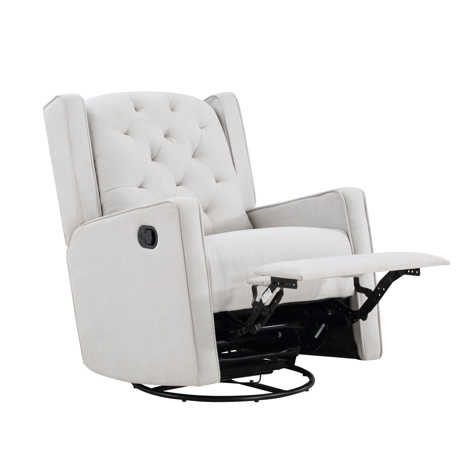 Offwhite upholstered recliner chair with tufted back and extended footrest perfect for relaxation